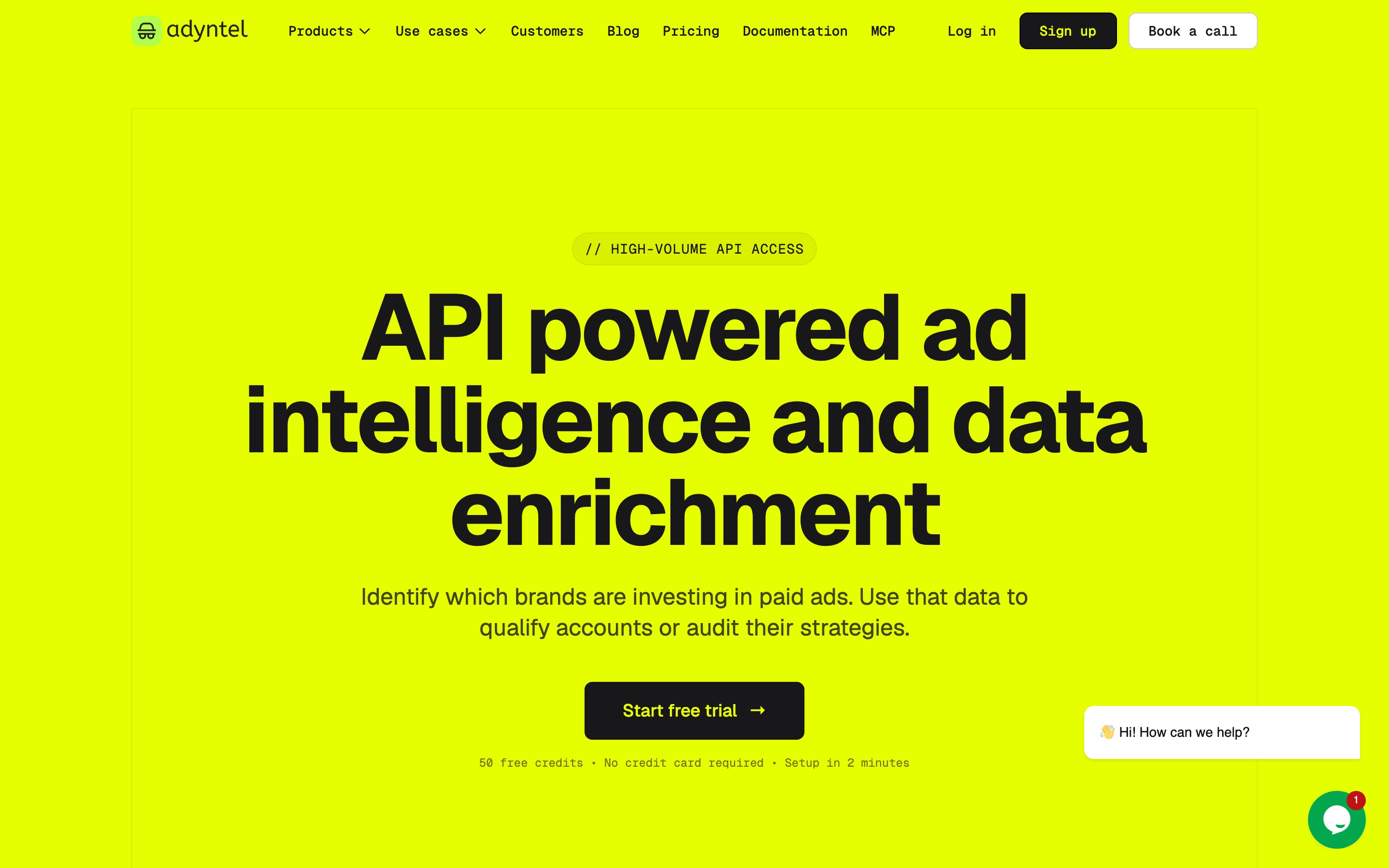 Adyntel – Ad Intelligence API for LinkedIn, Meta & Google Ads landing page — first screen