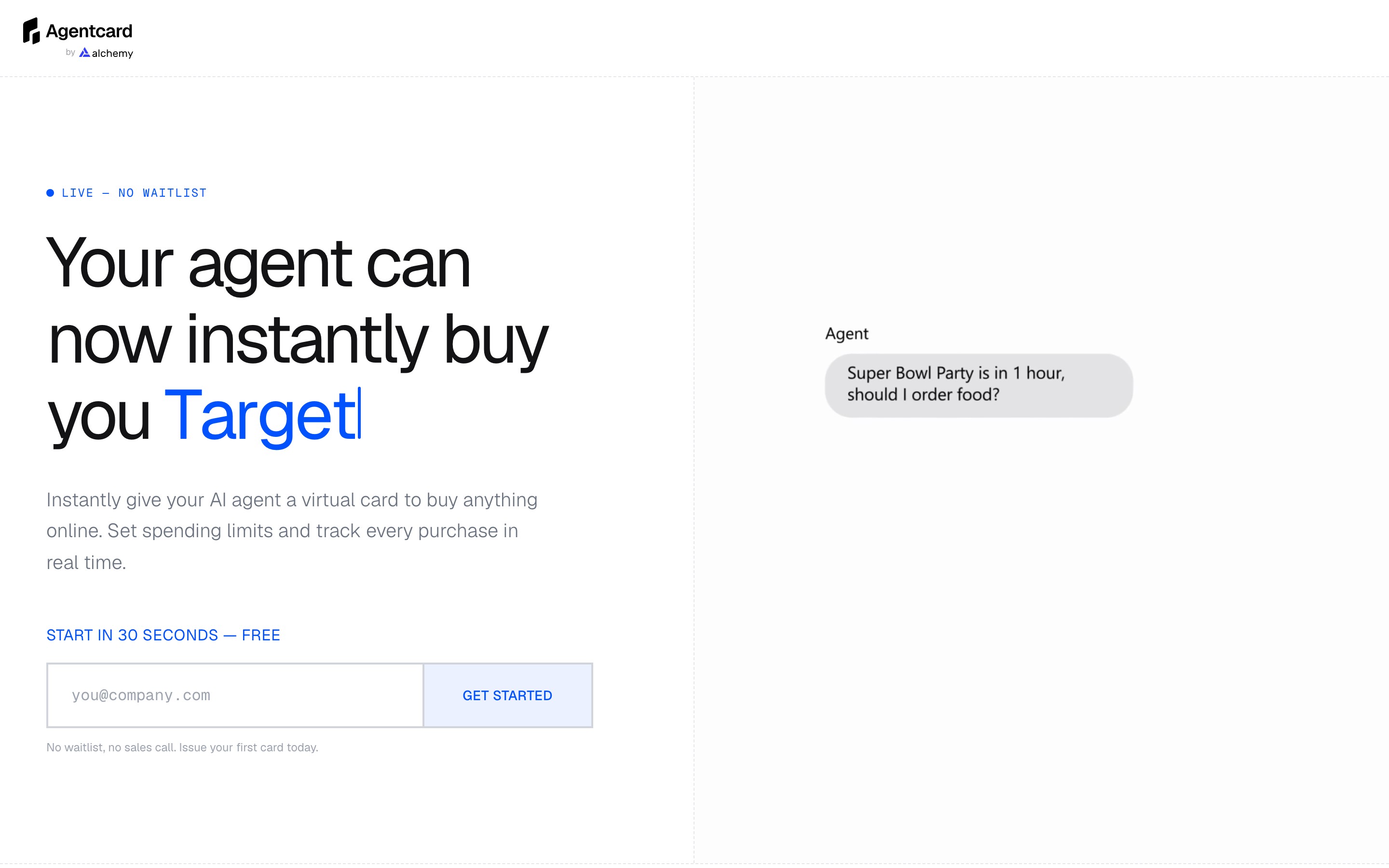 Agentcard landing page — first screen