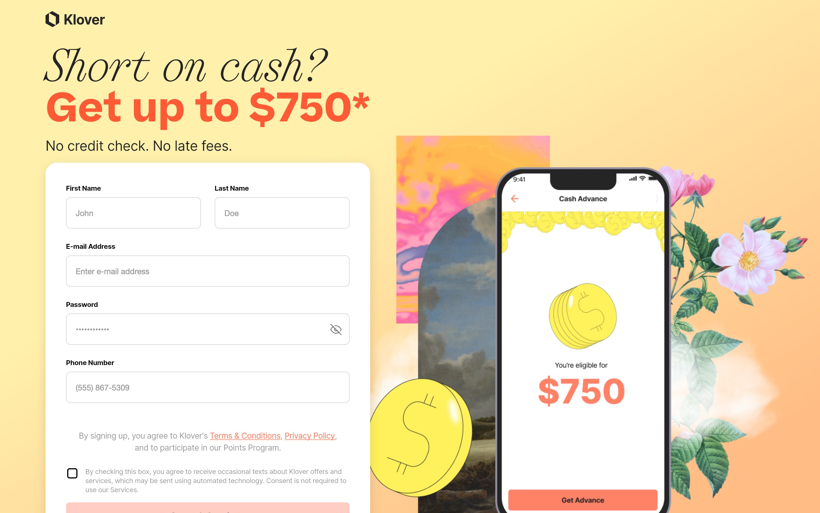 Klover landing page — first screen