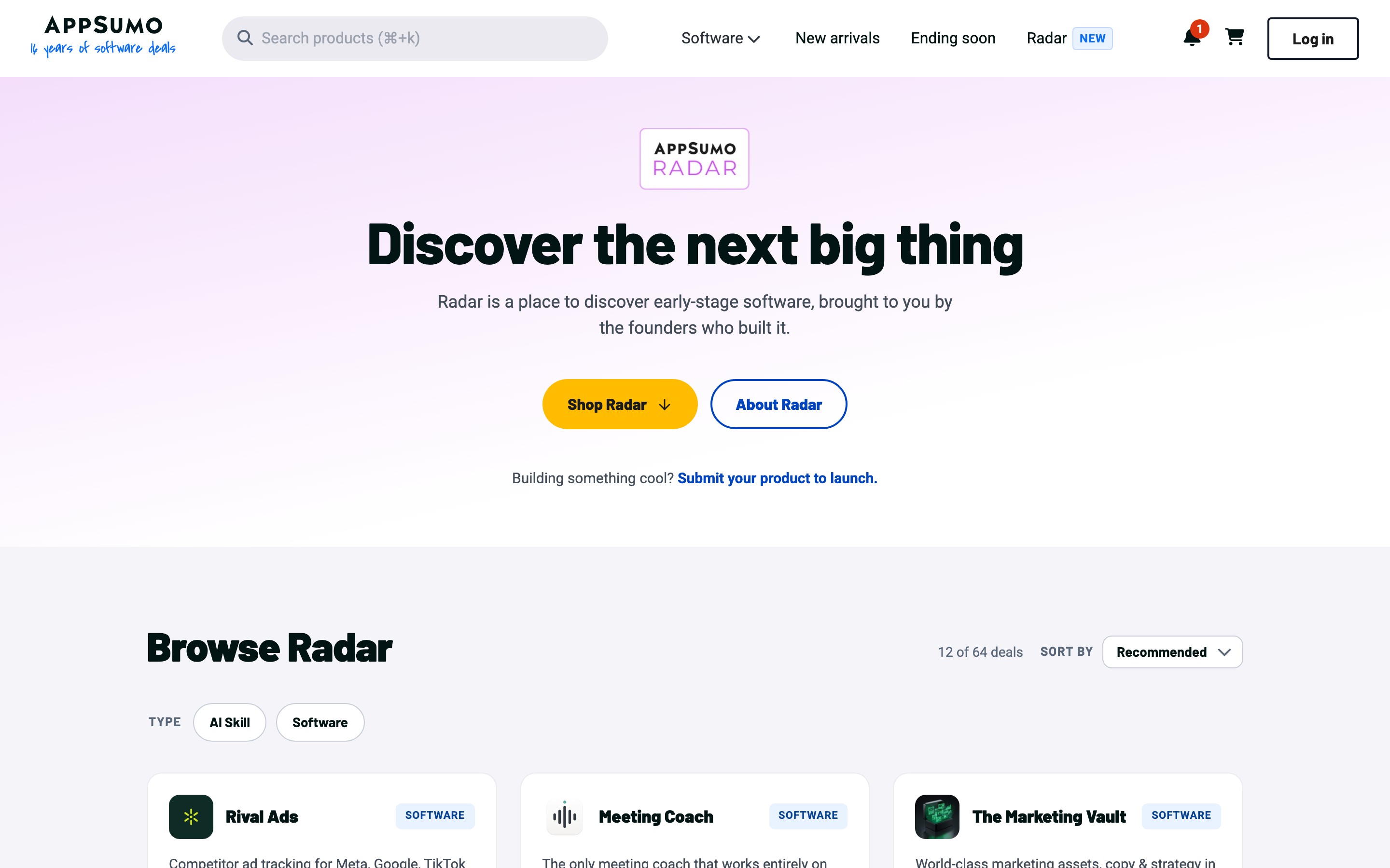 AppSumo Radar landing page — first screen