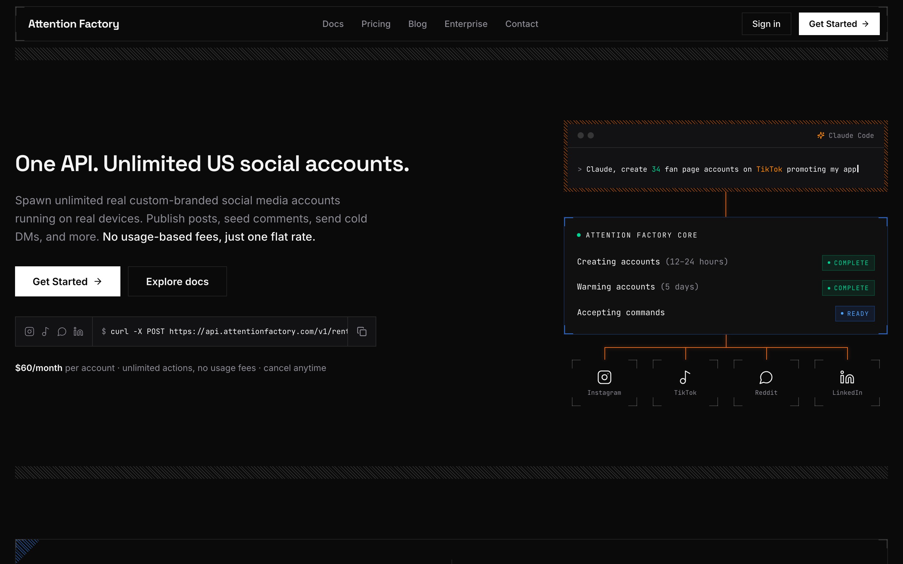 Attention Factory landing page — first screen