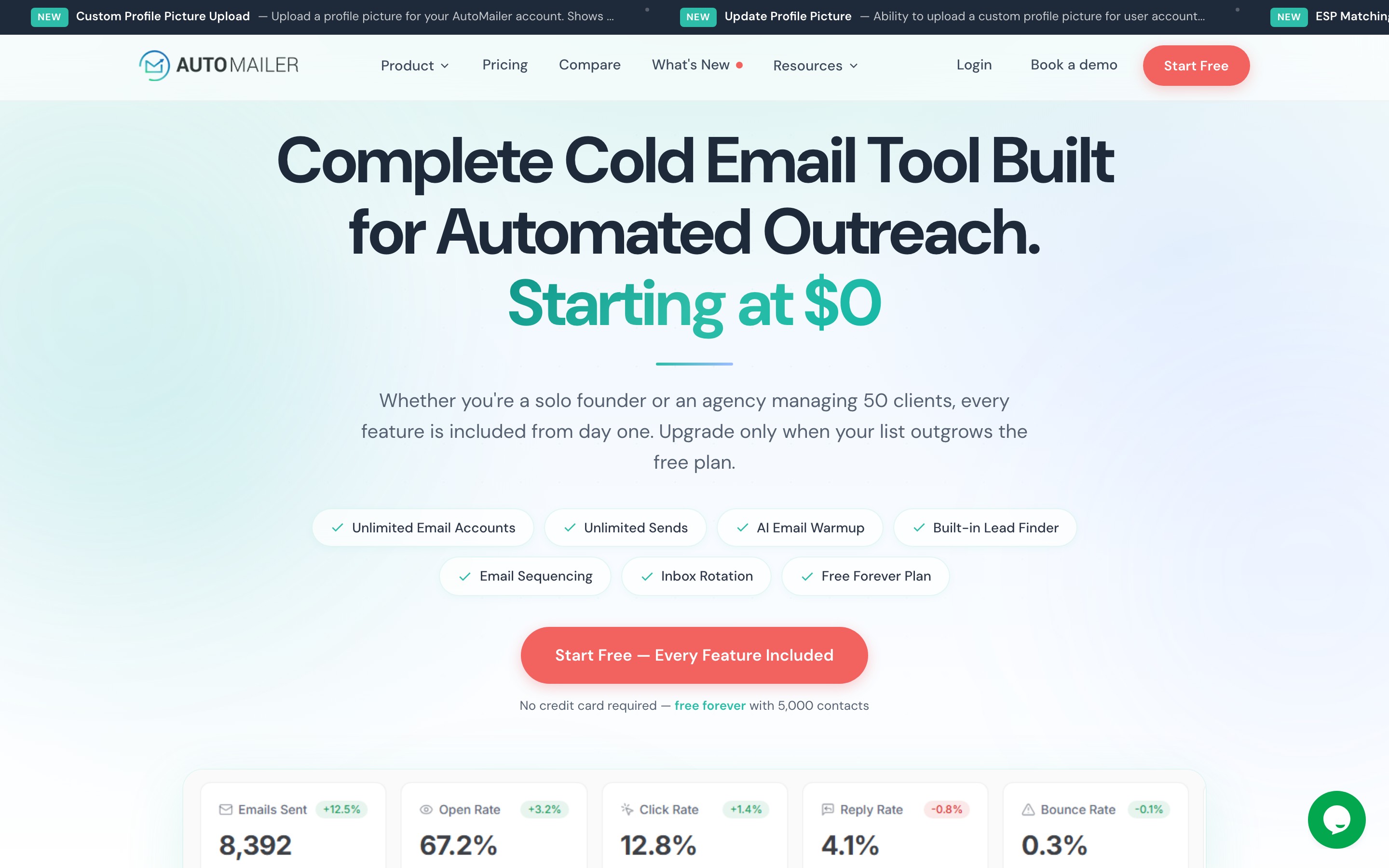 AutoMailer landing page — first screen
