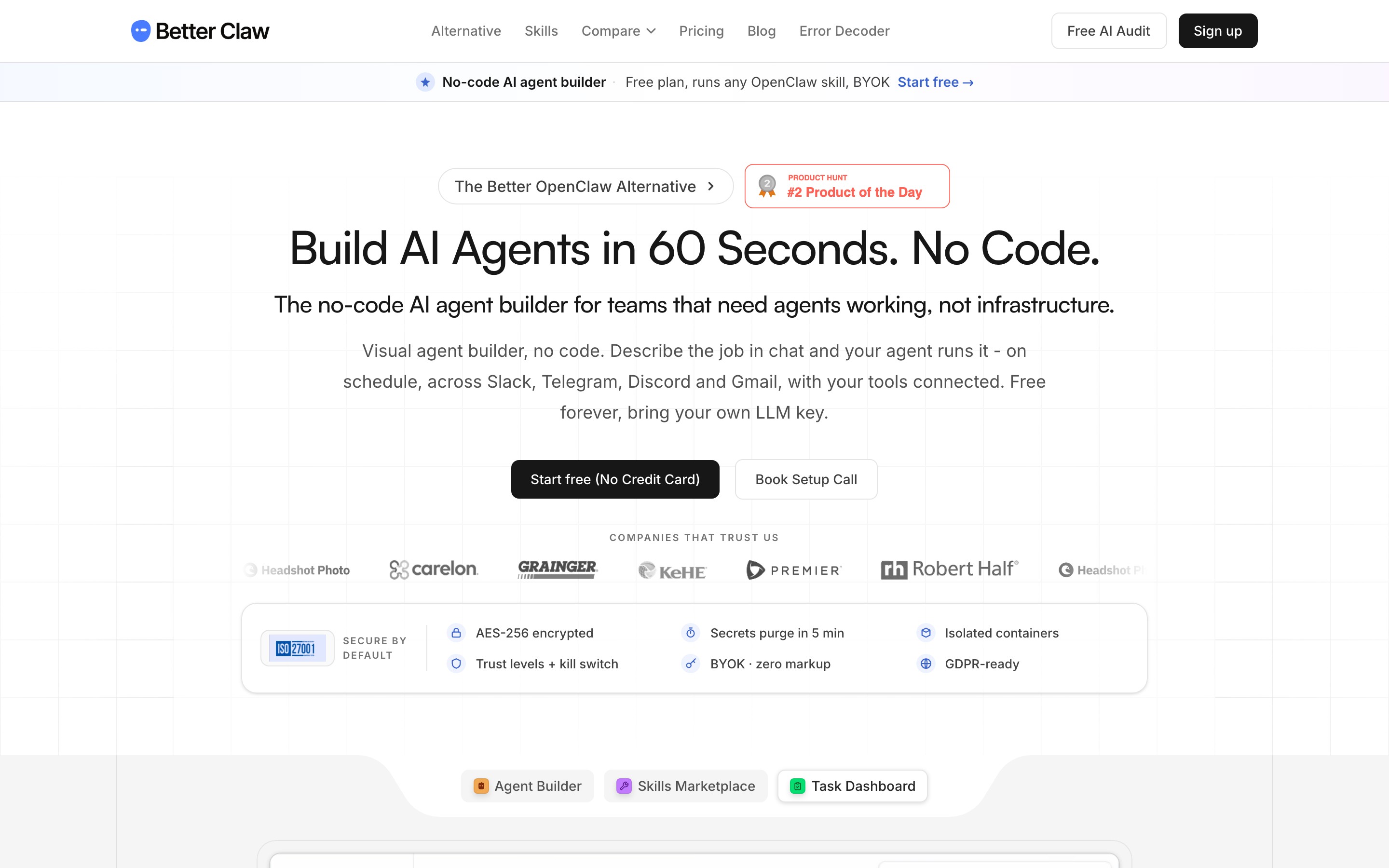 BetterClaw landing page — first screen