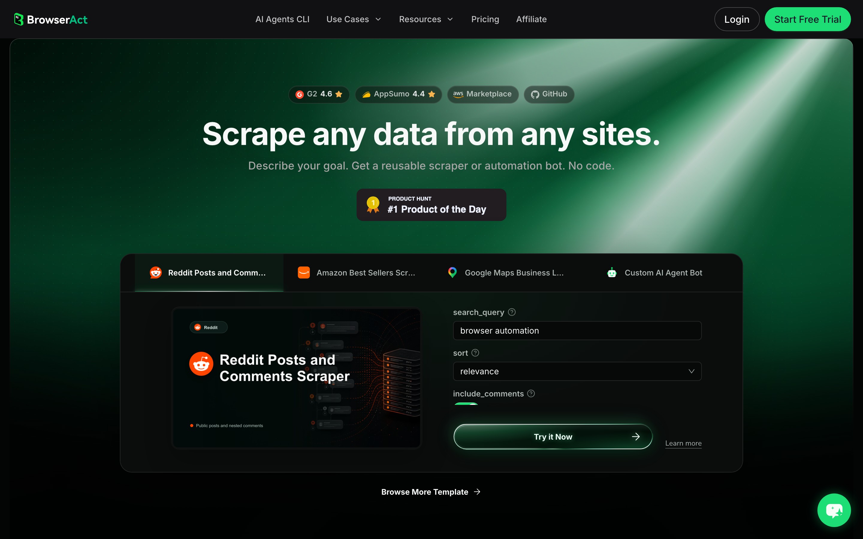 BrowserAct landing page — first screen