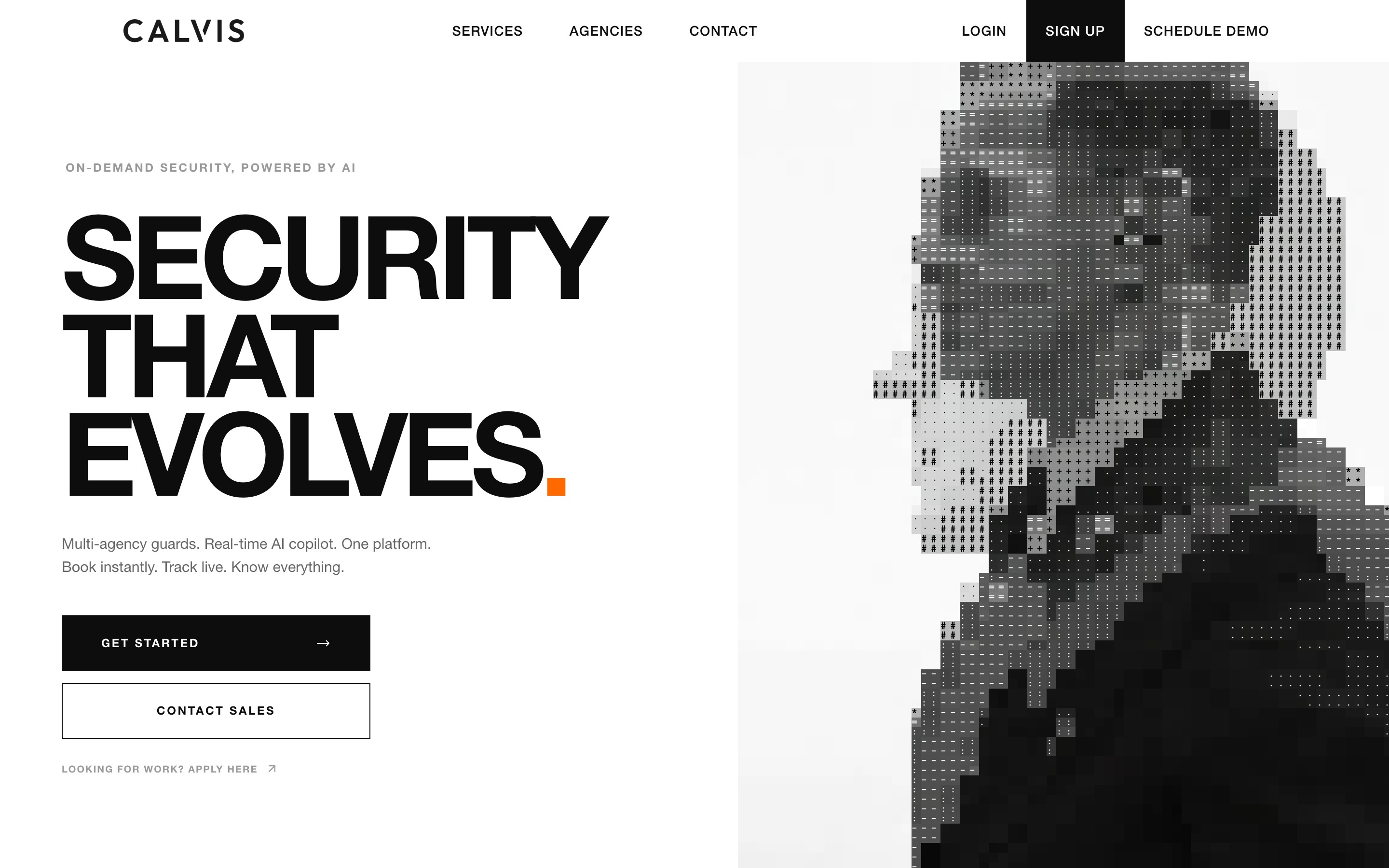 Calvis landing page — first screen