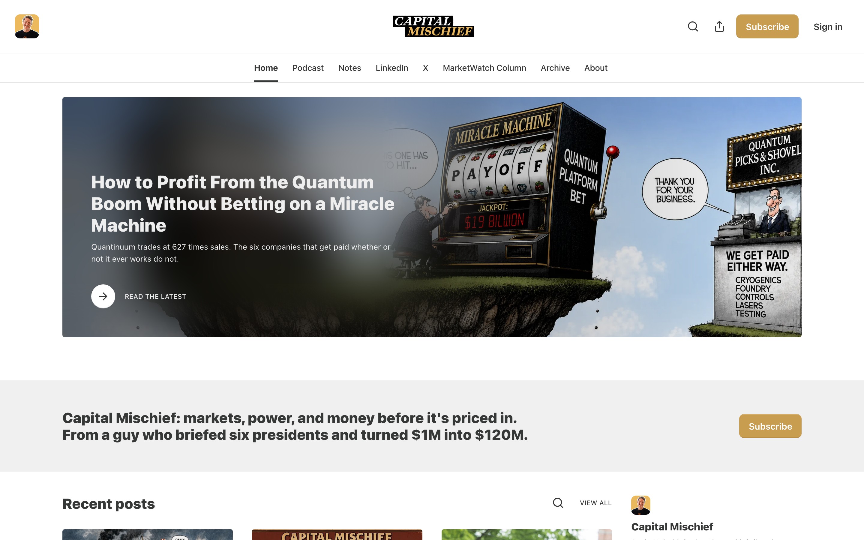 Capital Mischief landing page — first screen