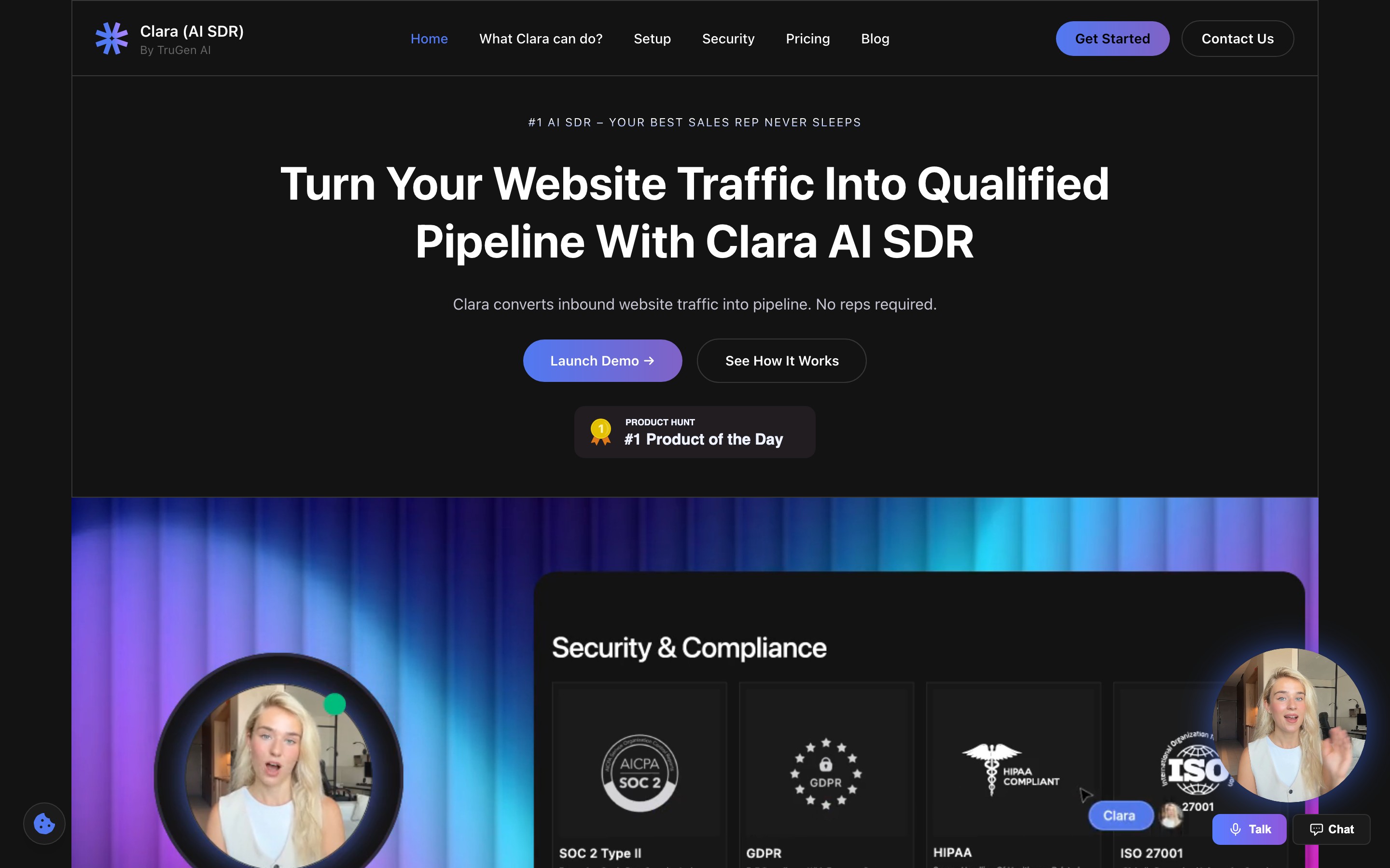 Clara AI SDR landing page — first screen