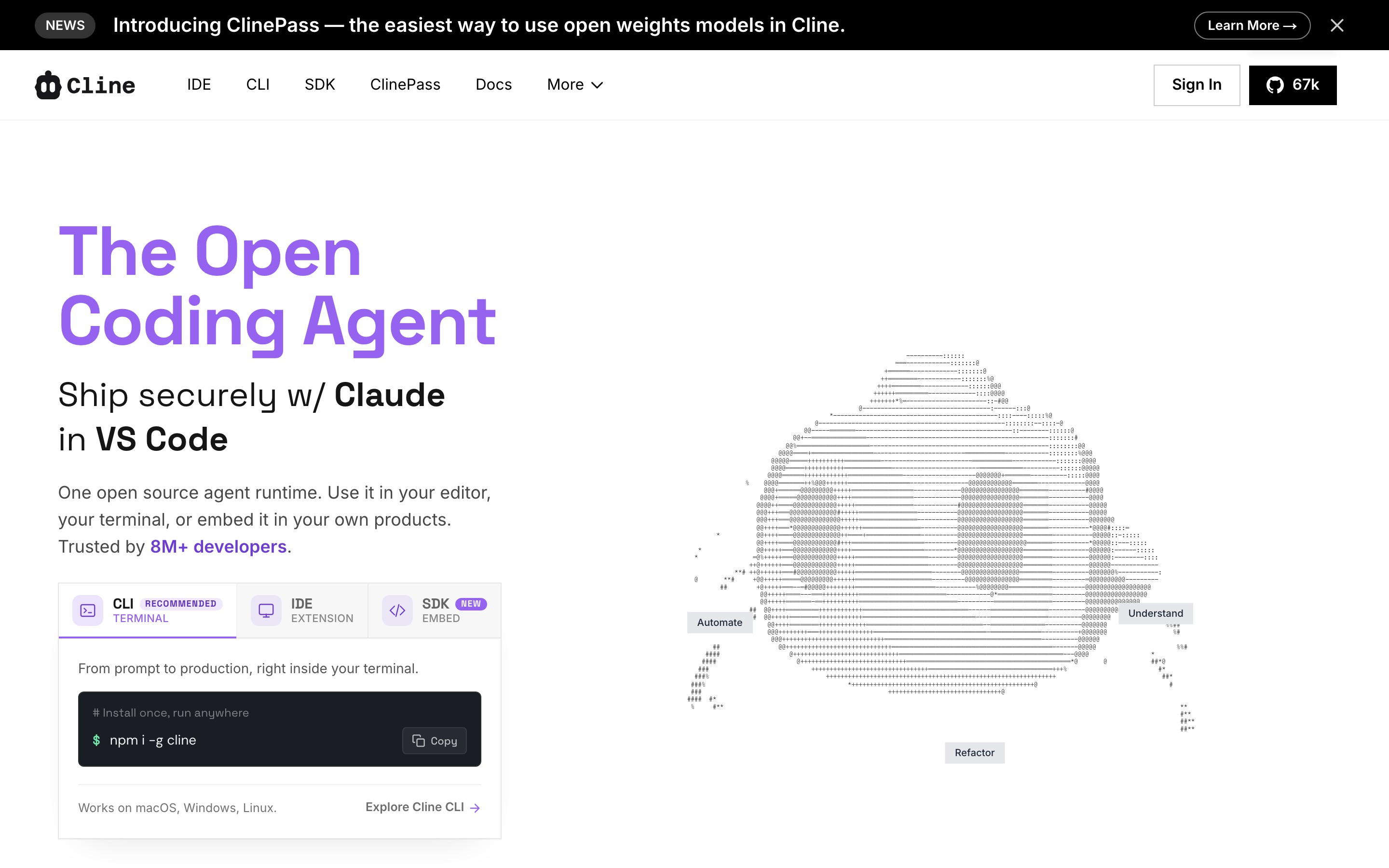 Cline landing page — first screen