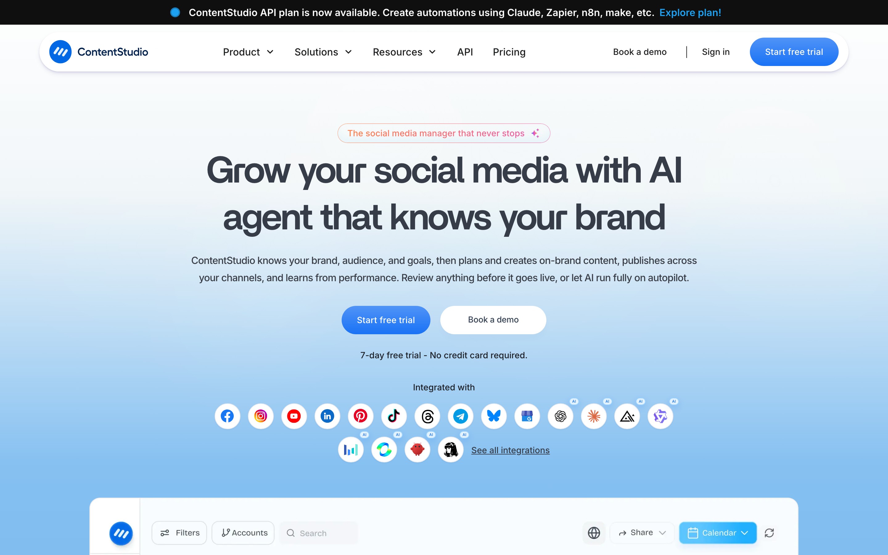 ContentStudio: Unified Social Media Management Tool landing page — first screen