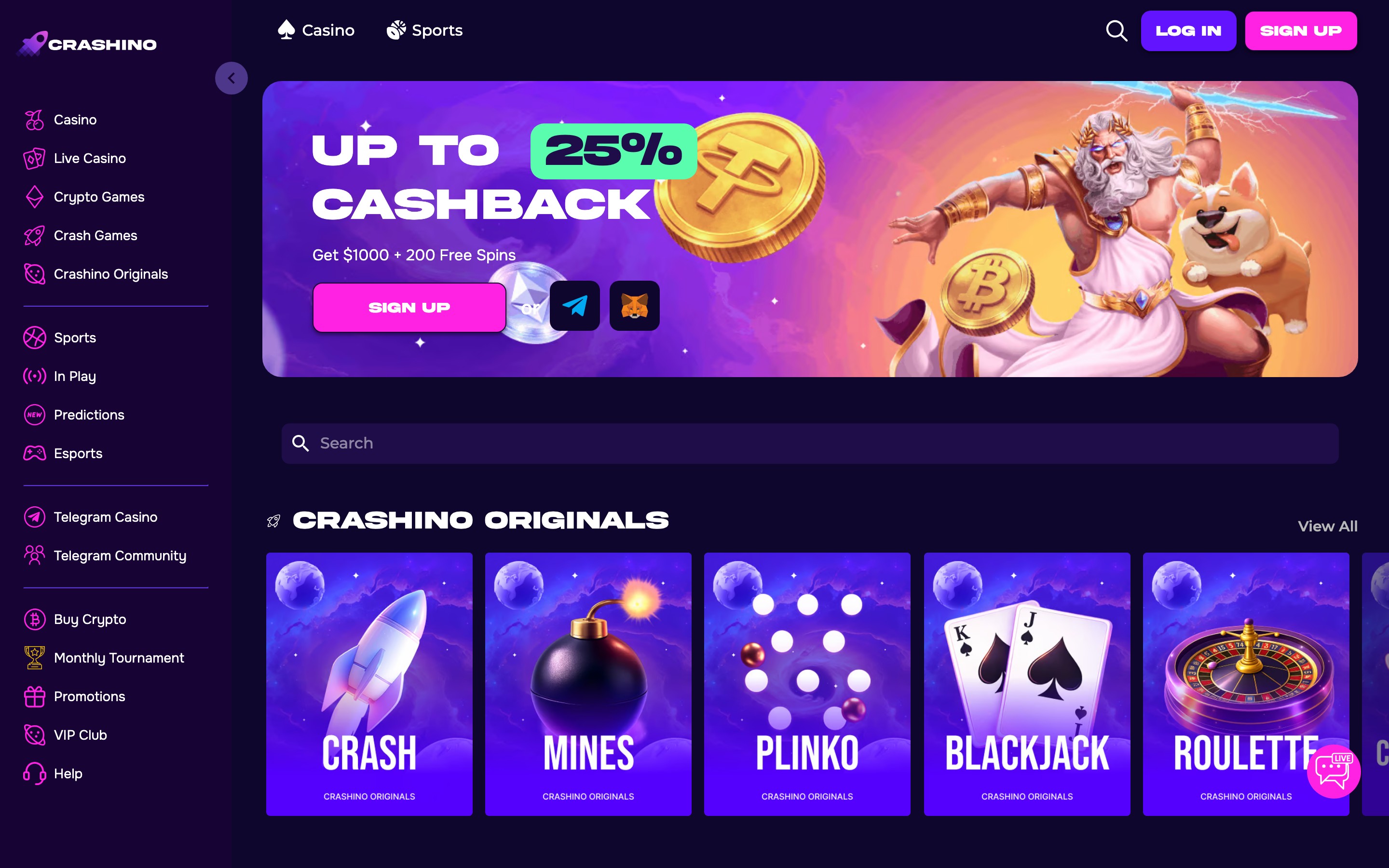 Crashino 🆕 landing page — first screen