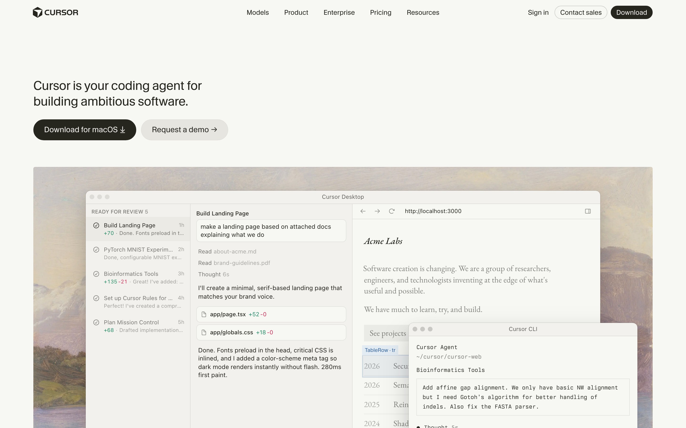 Cursor landing page — first screen