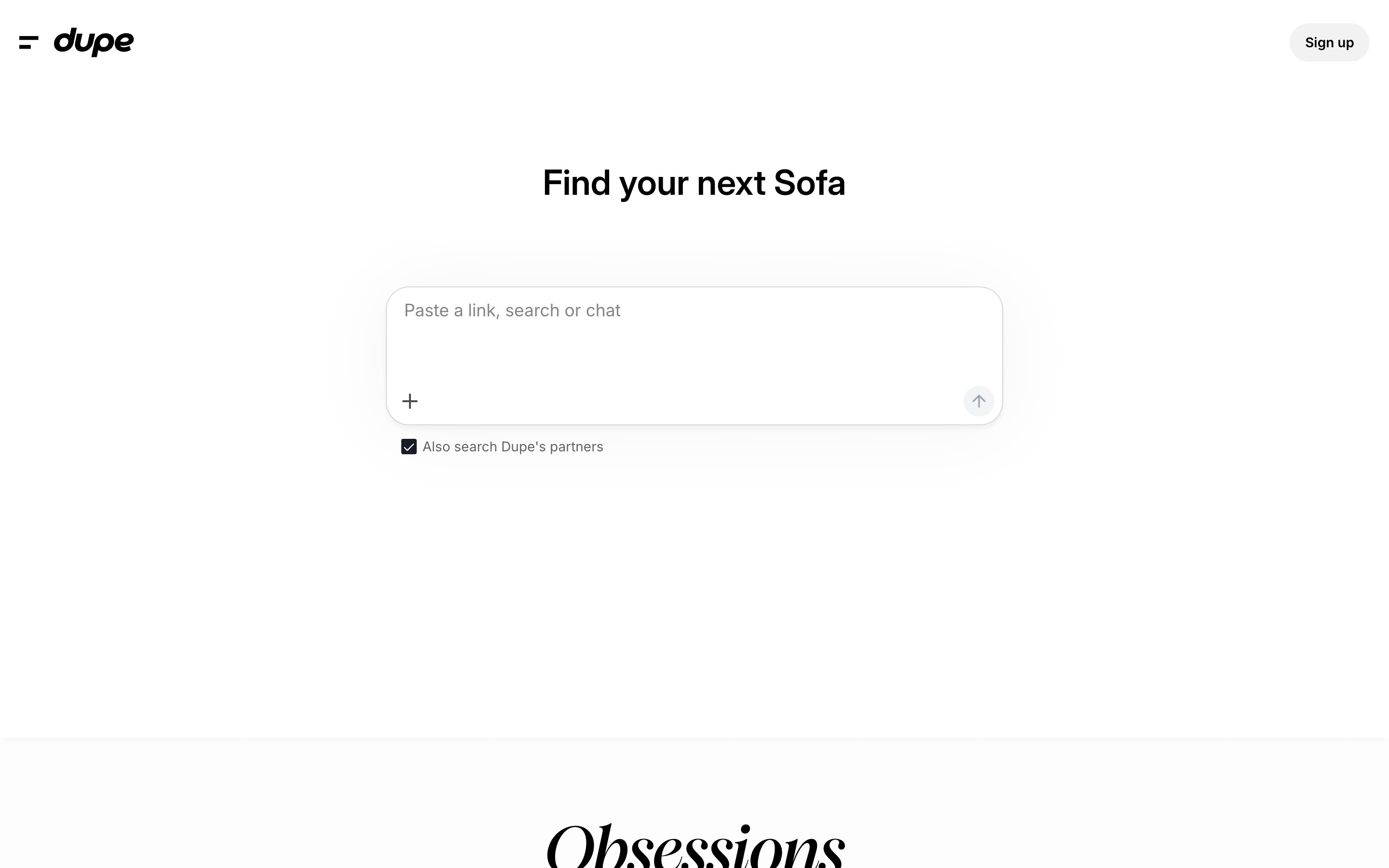 Dupe.com landing page — first screen