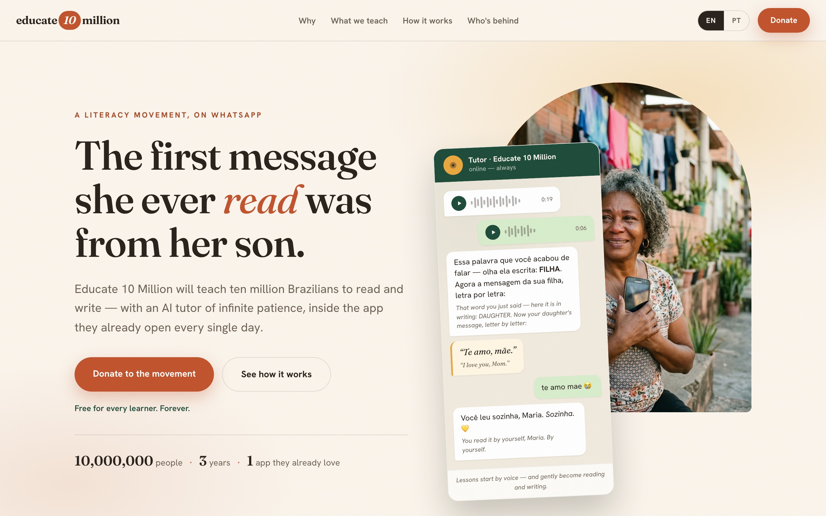 Educate 10 Million landing page — first screen