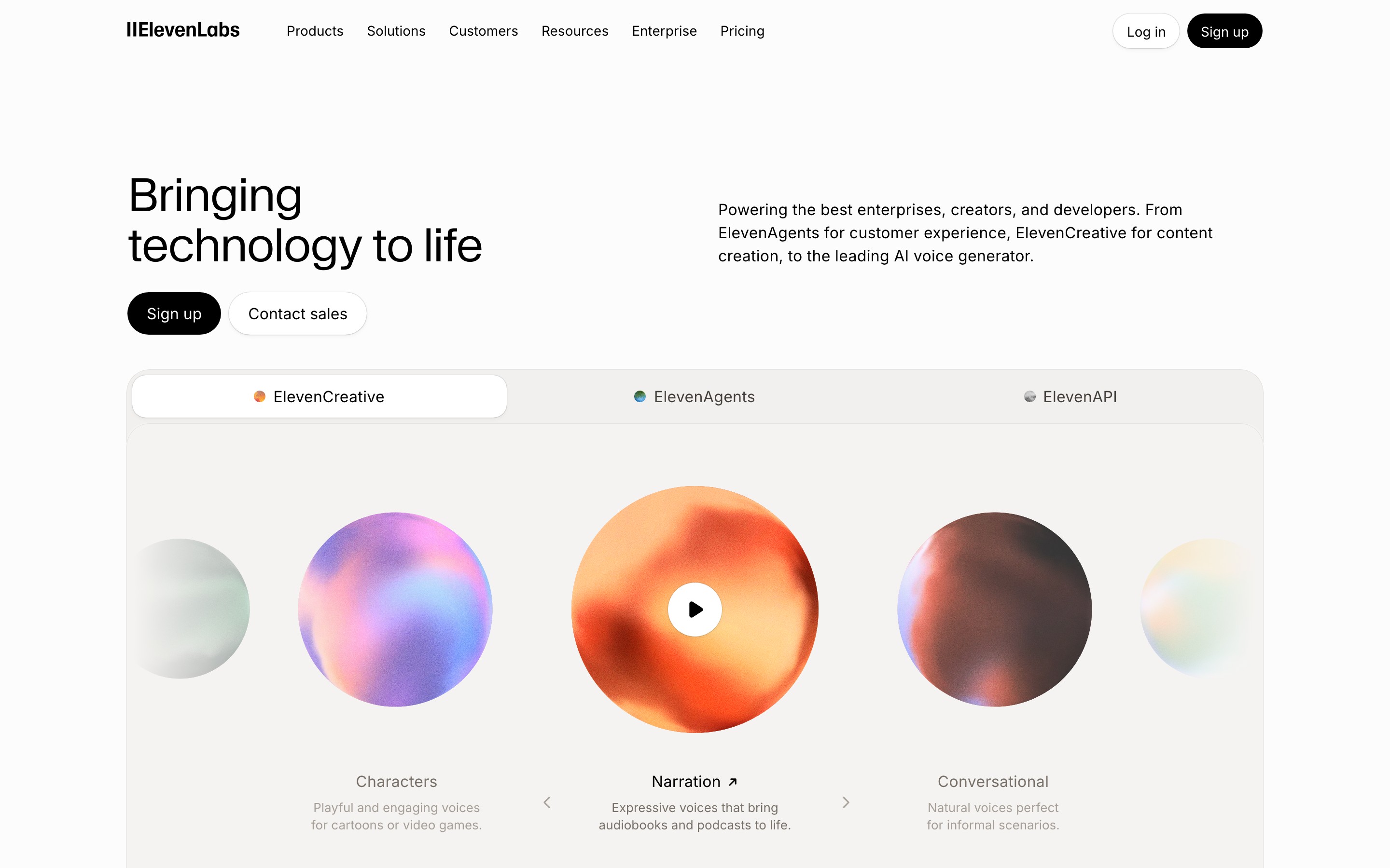 ElevenLabs landing page — first screen