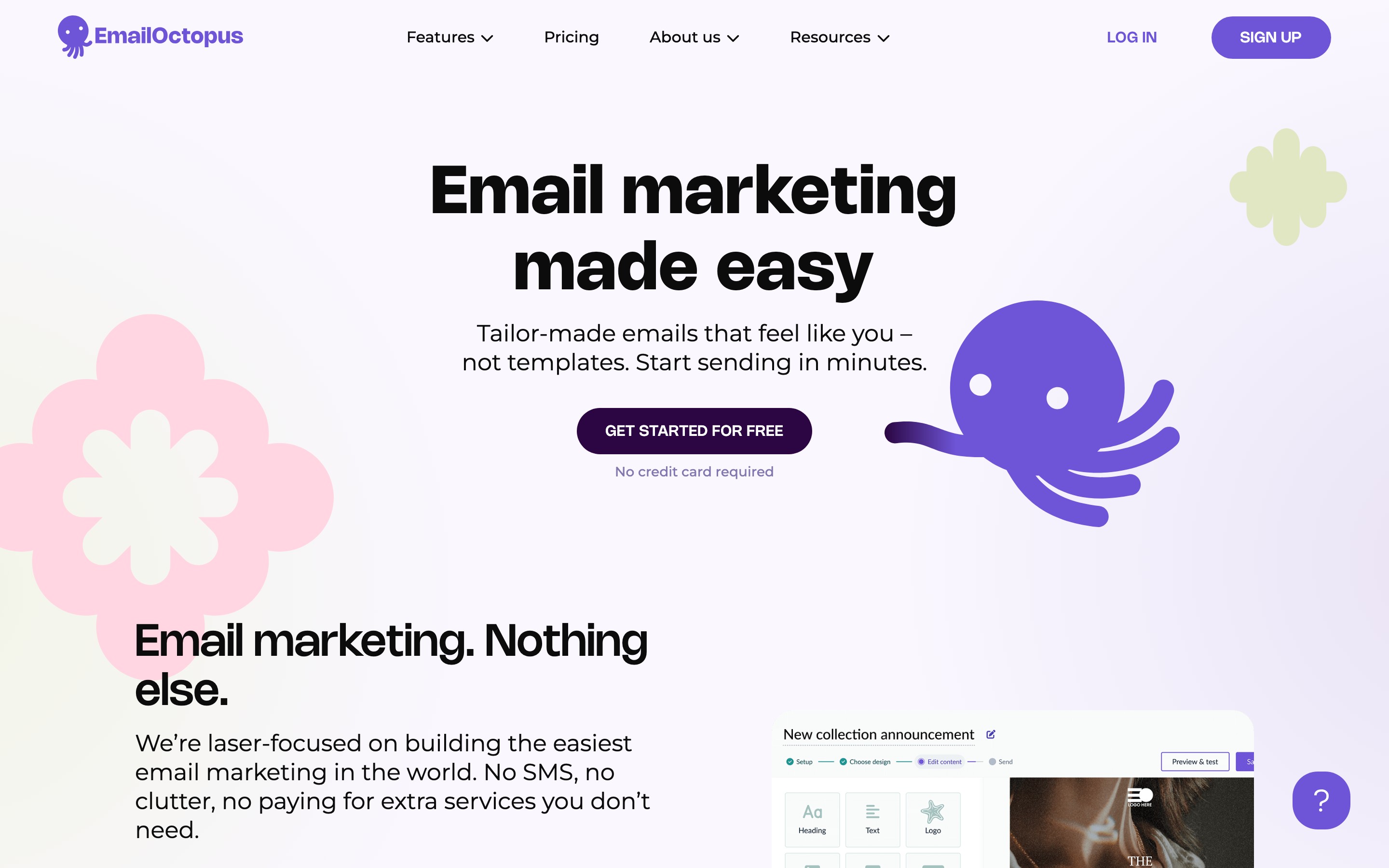 EmailOctopus landing page — first screen