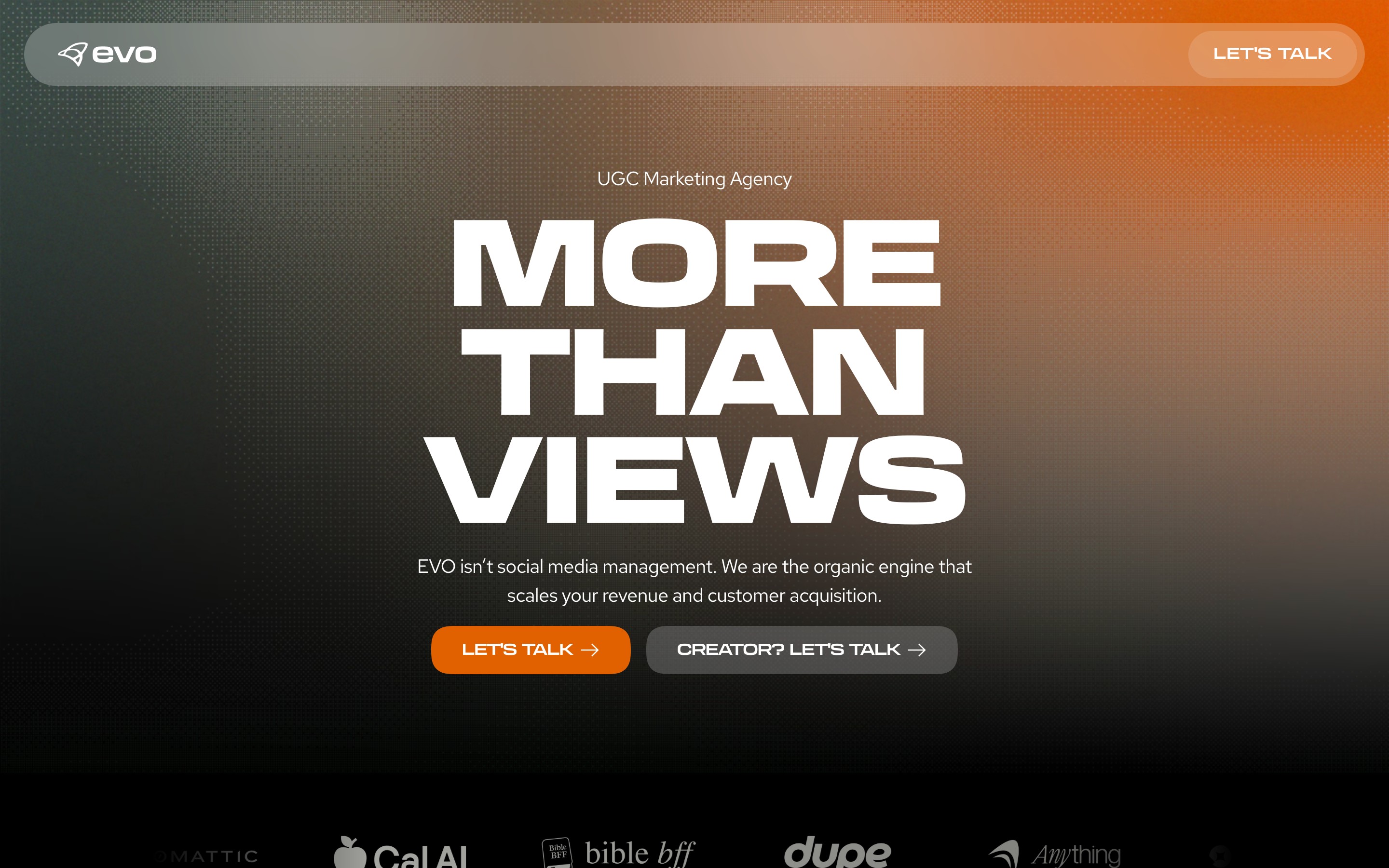 EVO Marketing landing page — first screen