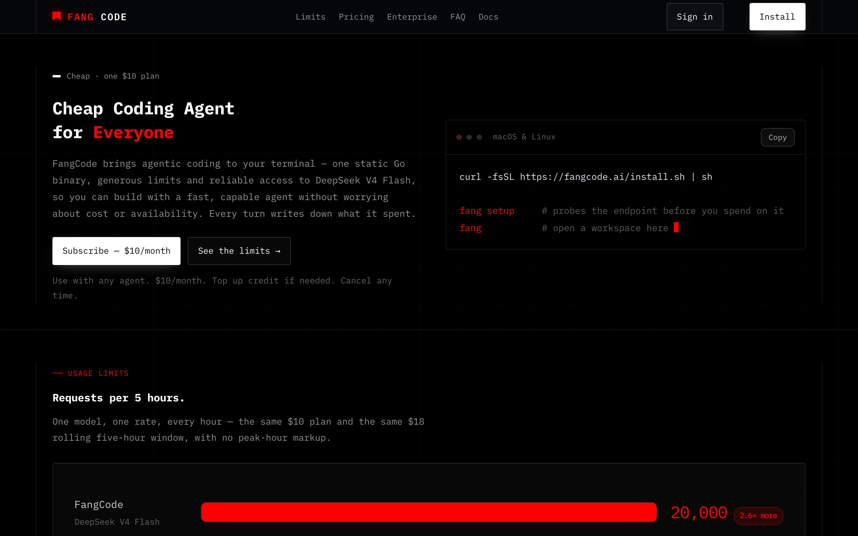 FangCode landing page — first screen