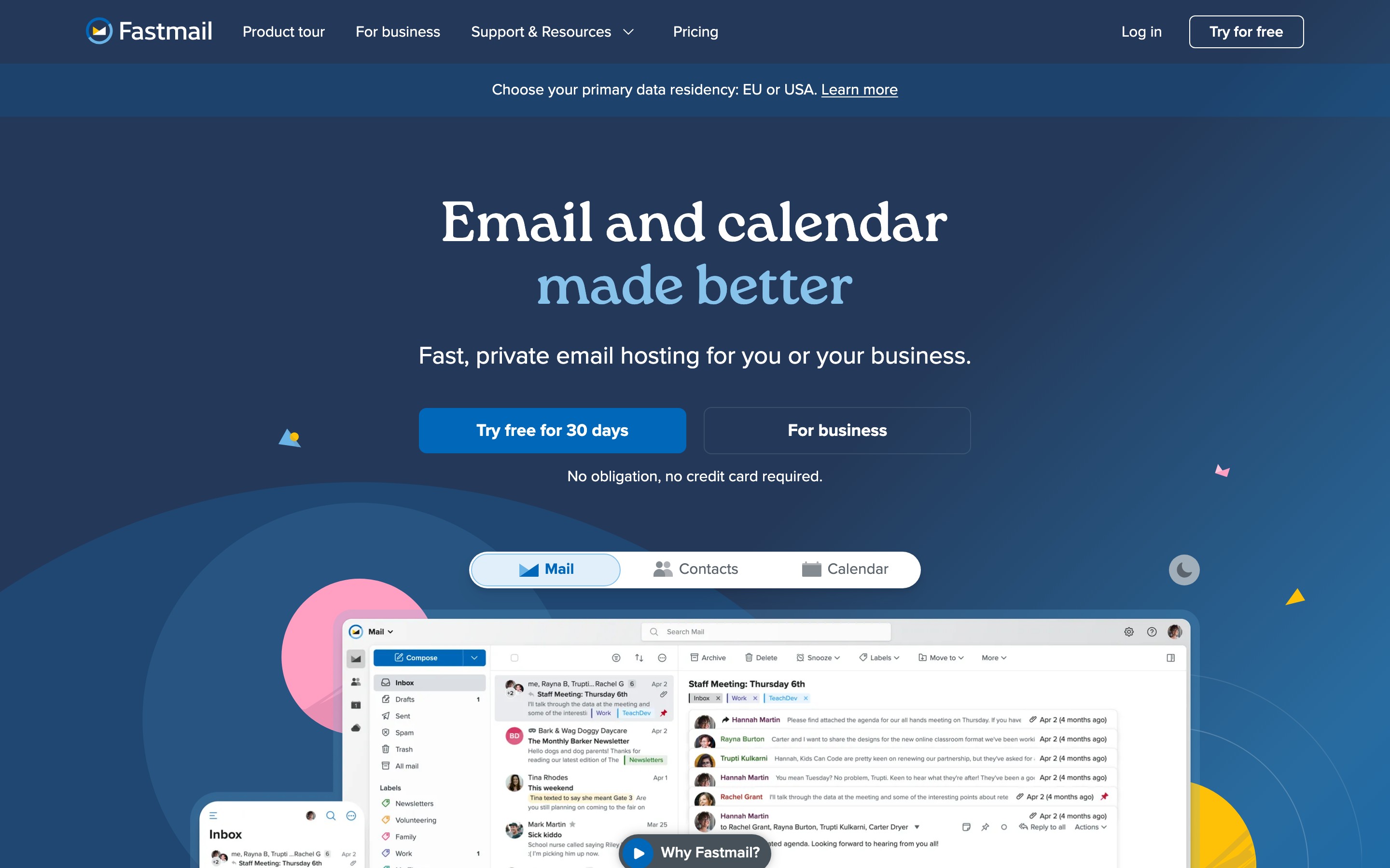 Fastmail landing page — first screen