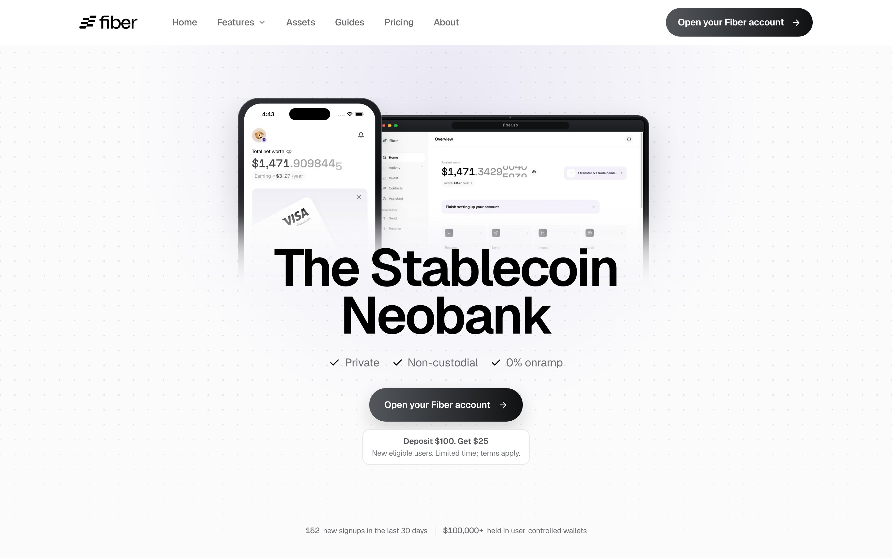Fiber – The Stablecoin Neobank landing page — first screen