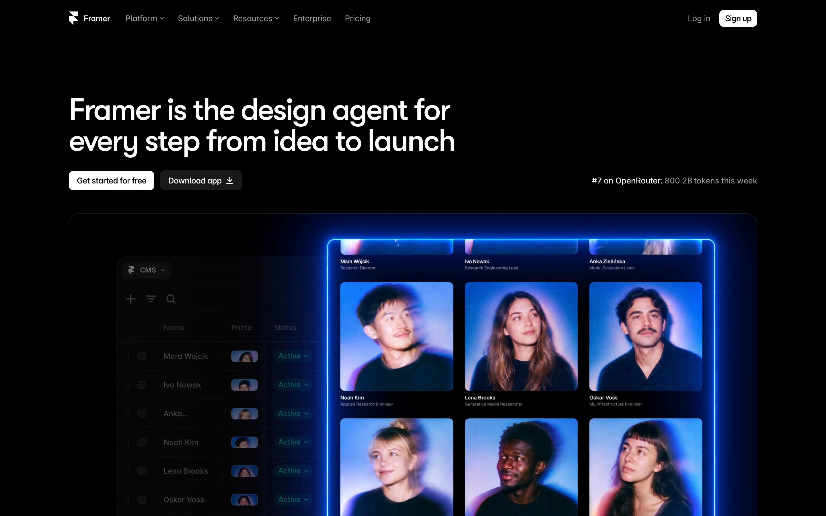 Framer landing page — first screen