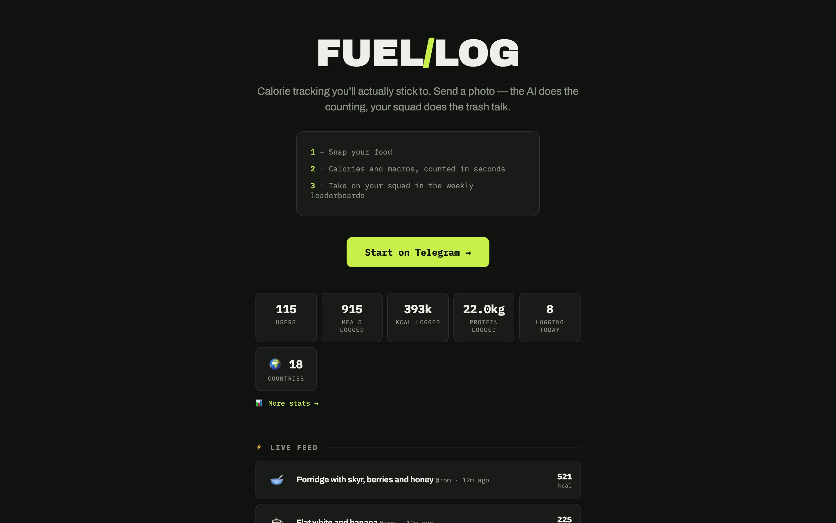 Fuel Log landing page — first screen