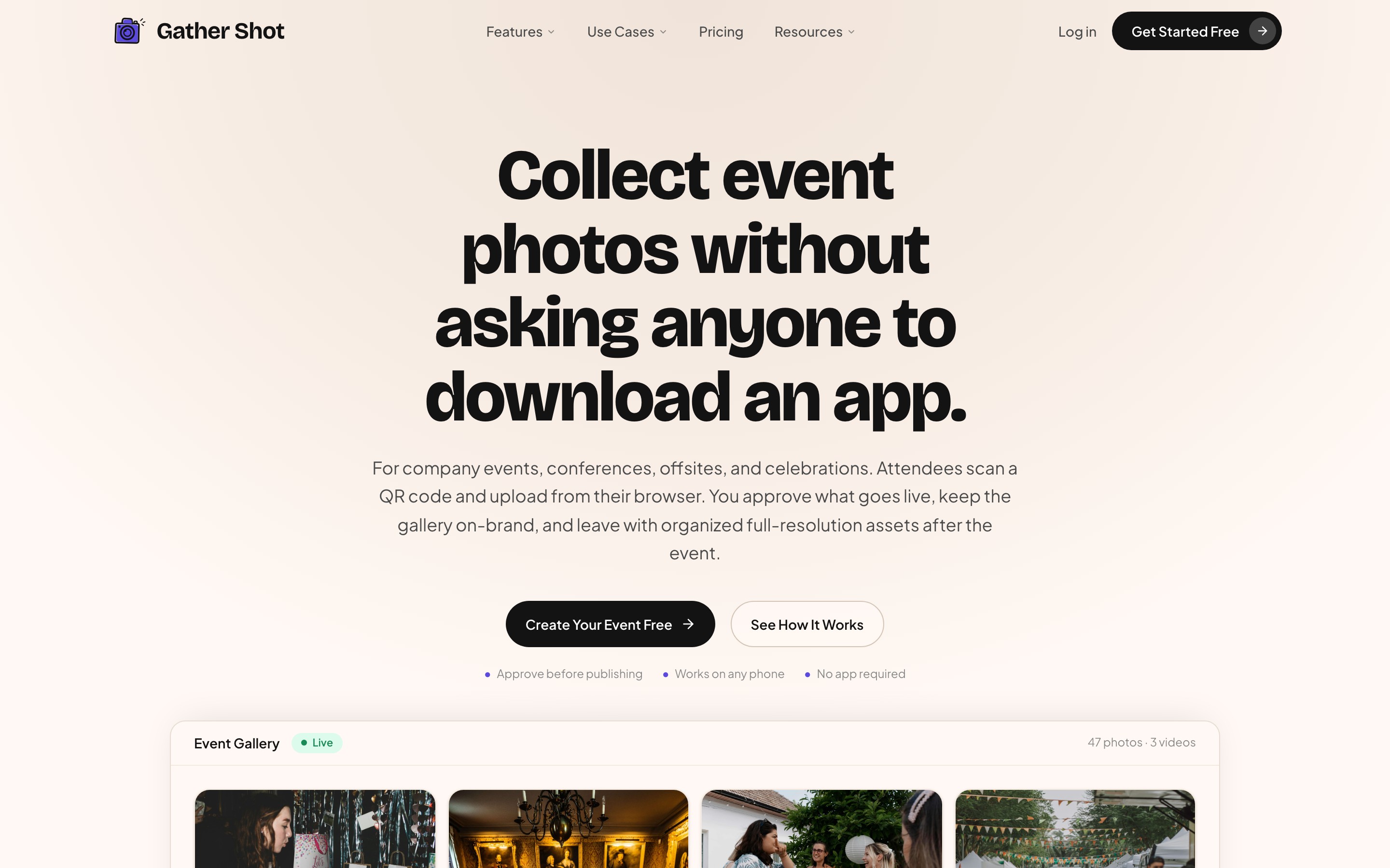 Collect Event Photos Without an App landing page — first screen