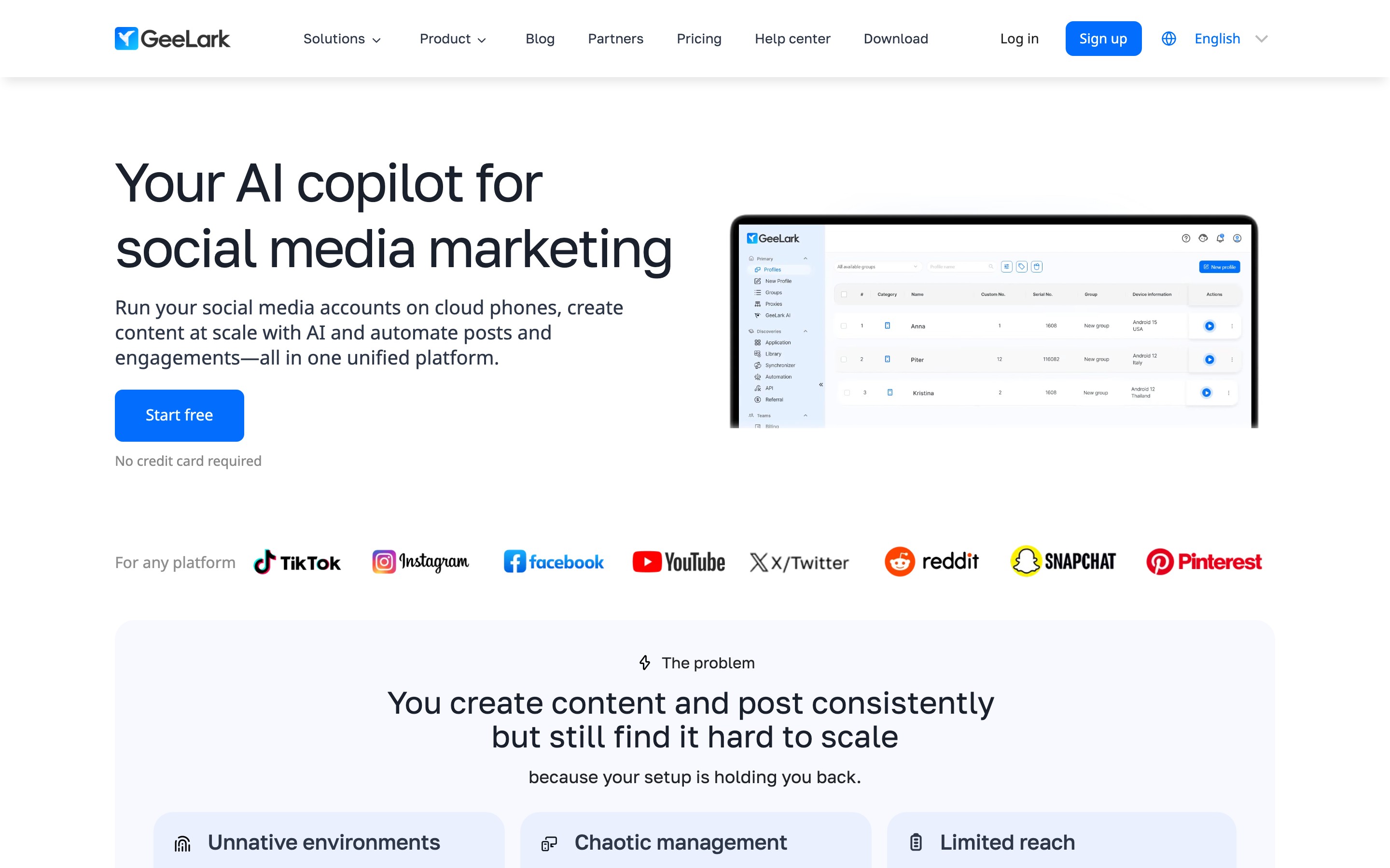 GeeLark landing page — first screen