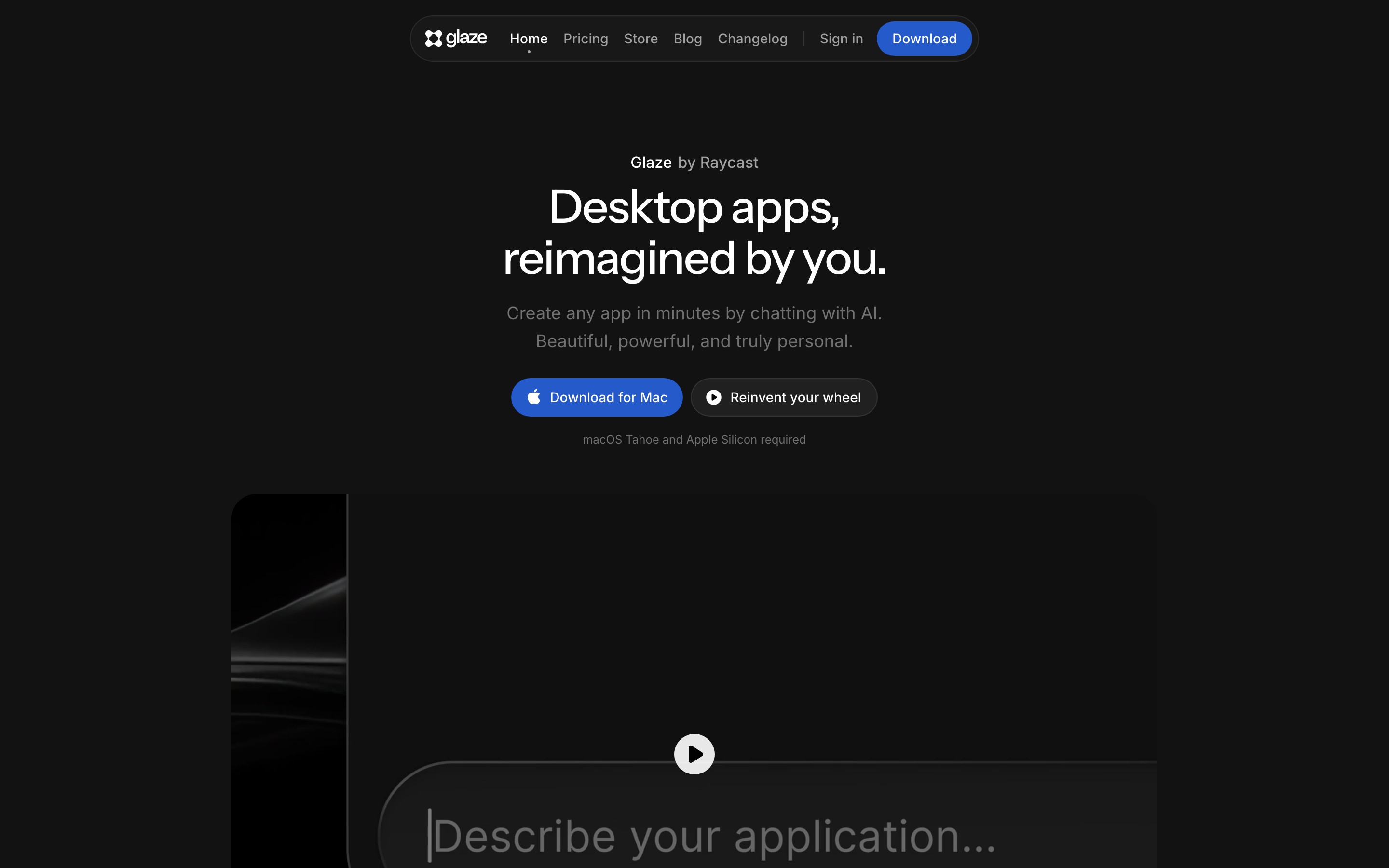 Glaze landing page — first screen