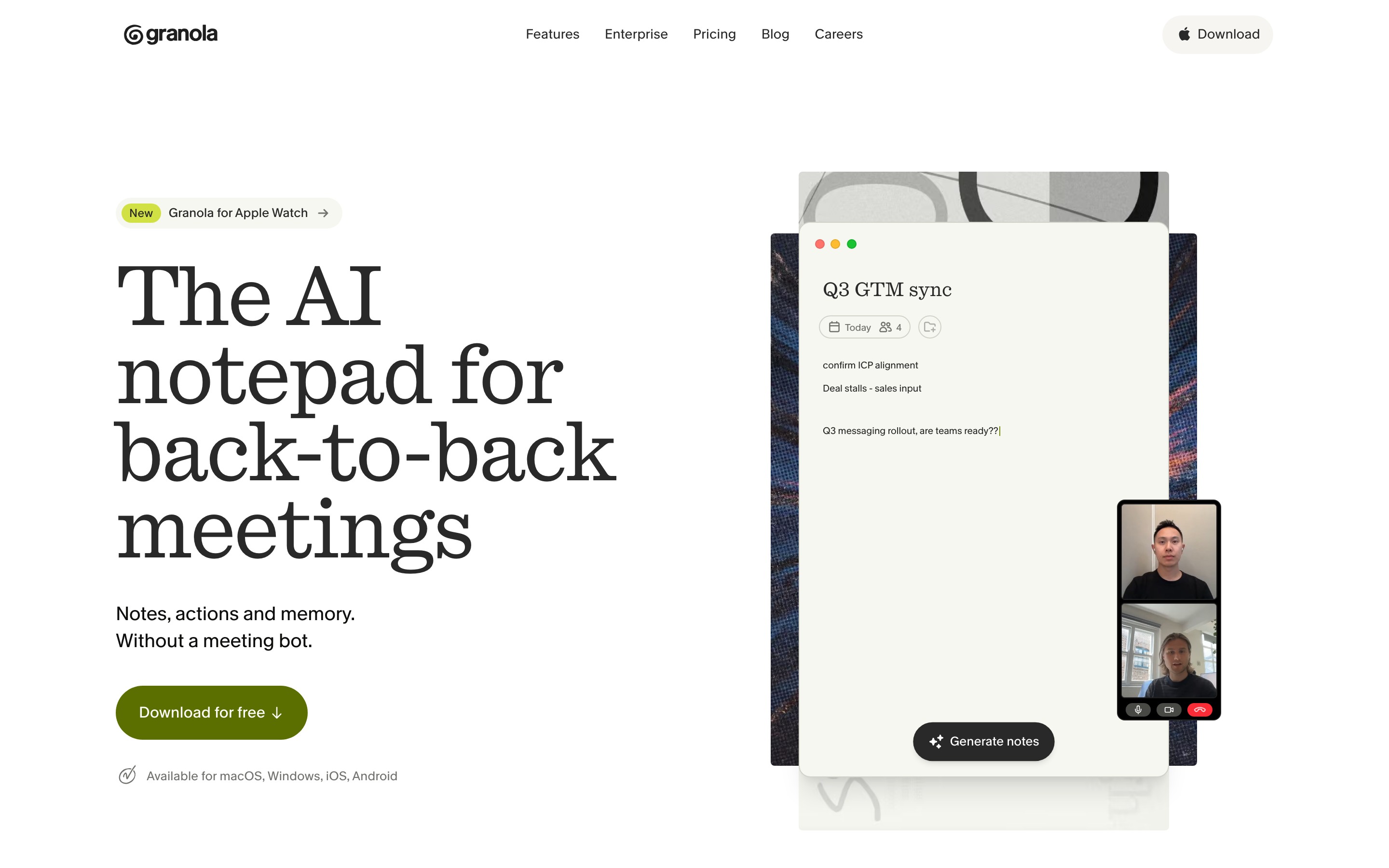 Granola landing page — first screen