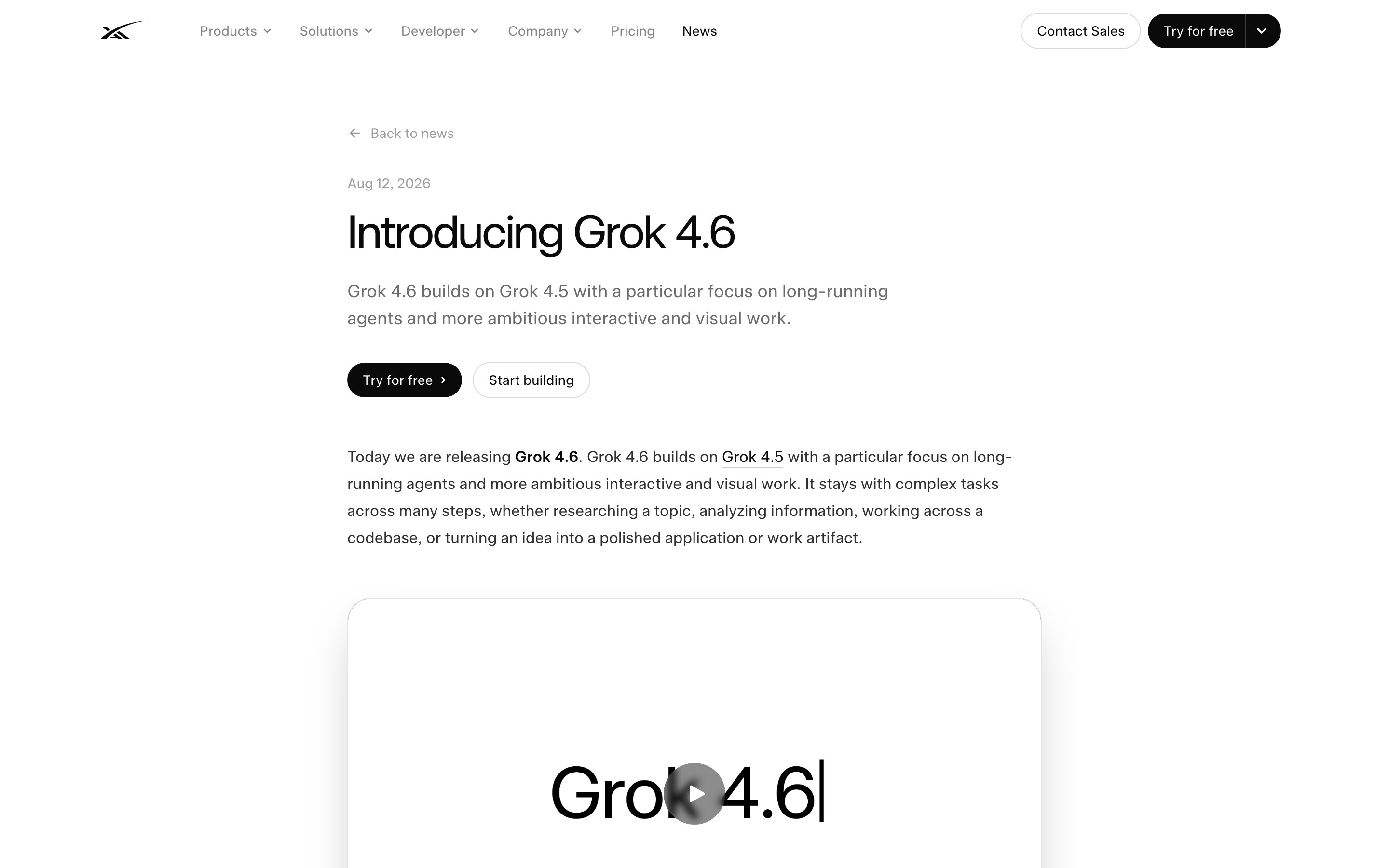 Grok 4.6 landing page — first screen