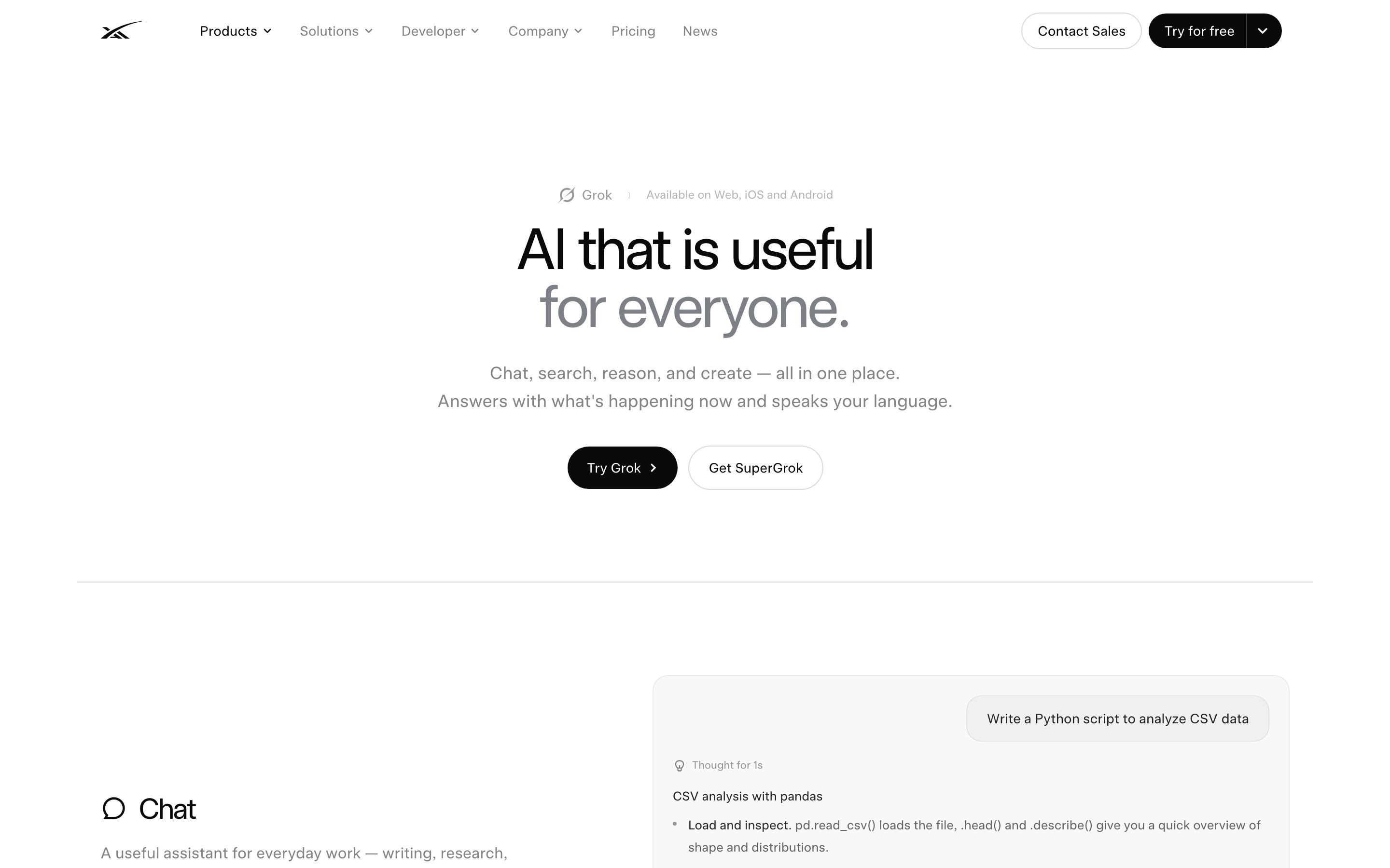 Grok landing page — first screen