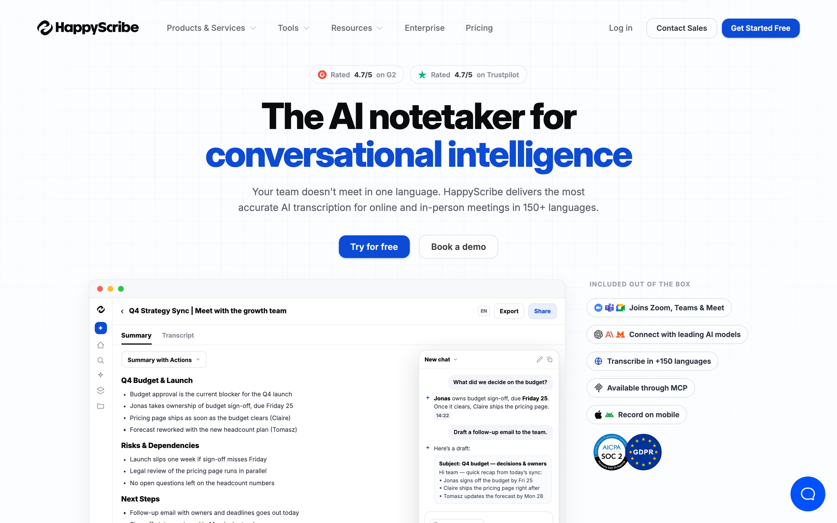 HappyScribe landing page — first screen