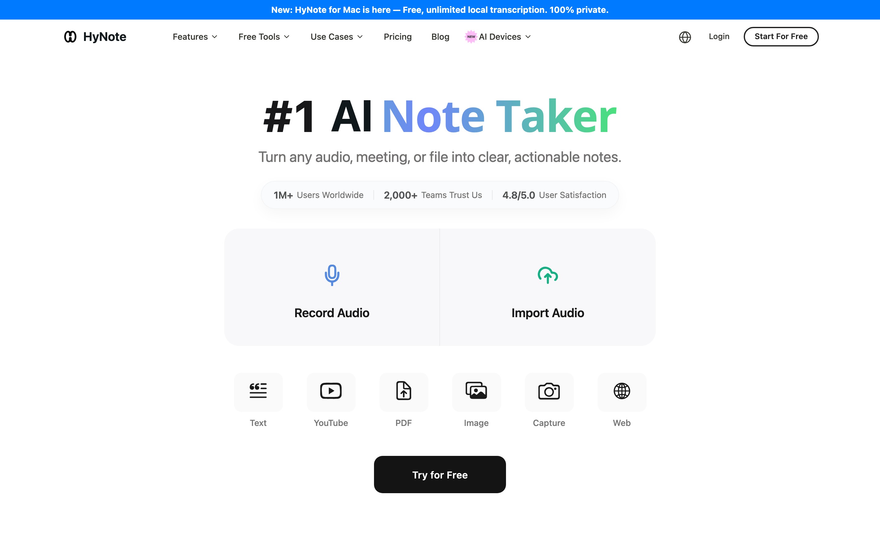 HyNote AI landing page — first screen