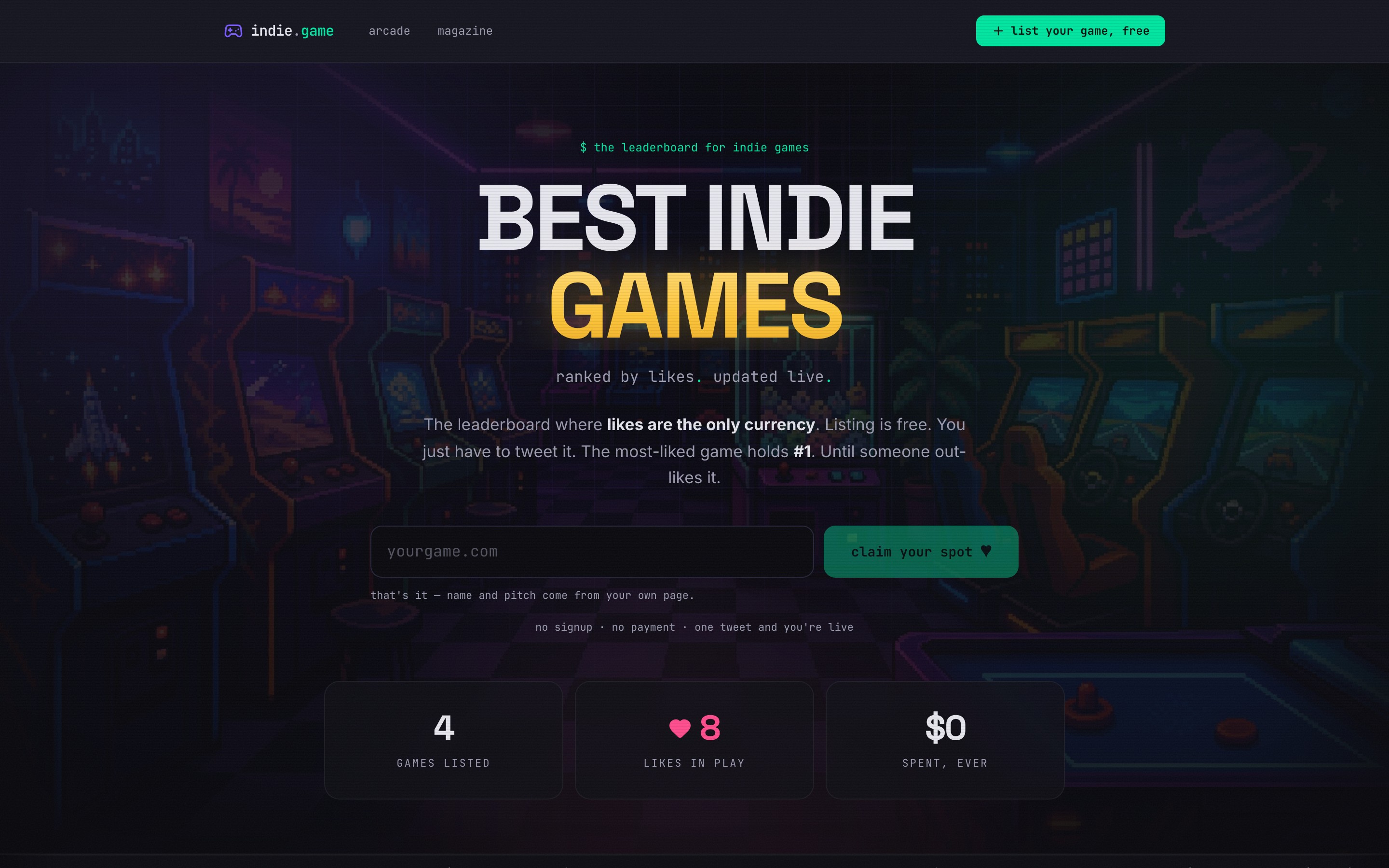 indie.game landing page — first screen