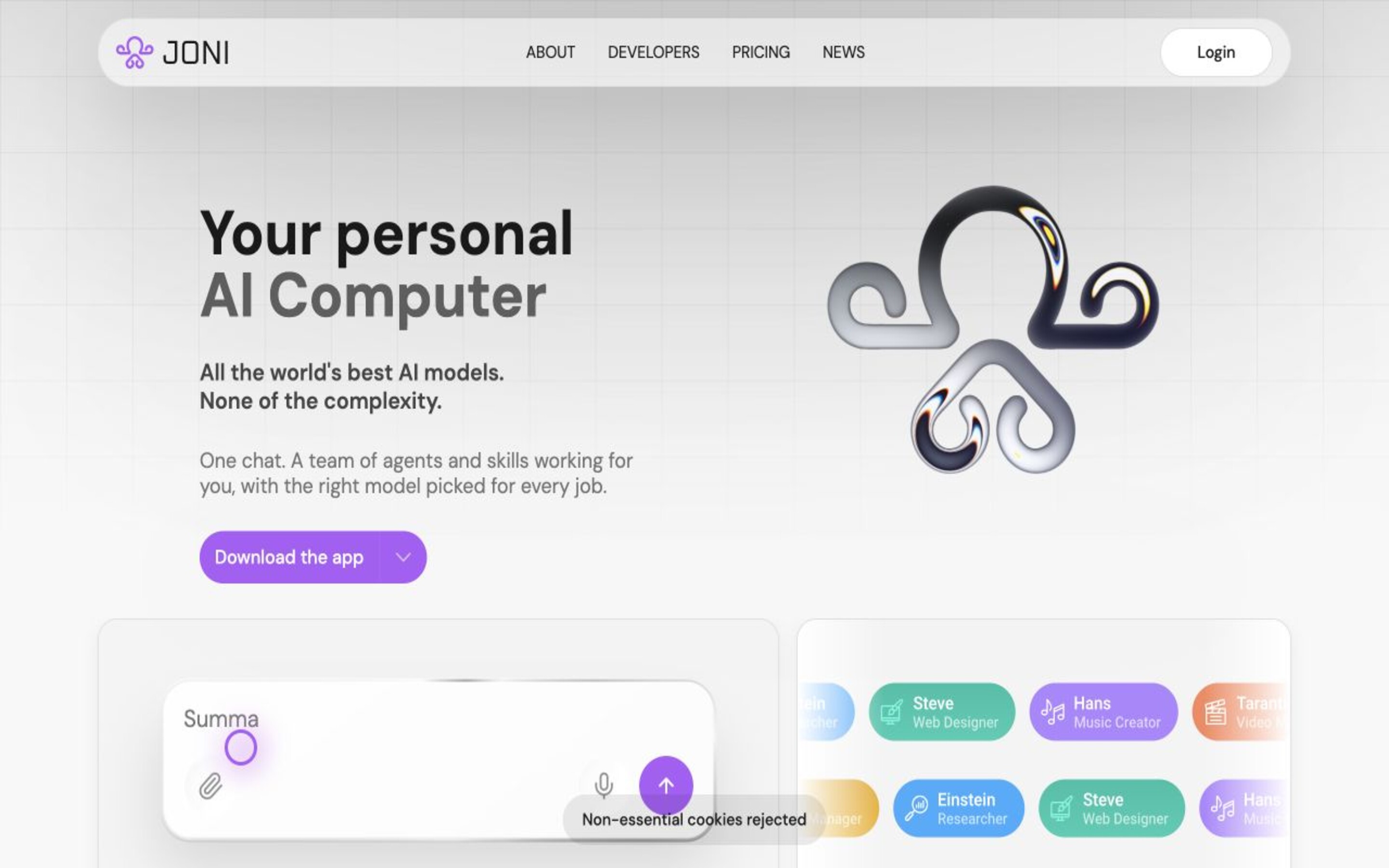 JONI landing page — first screen