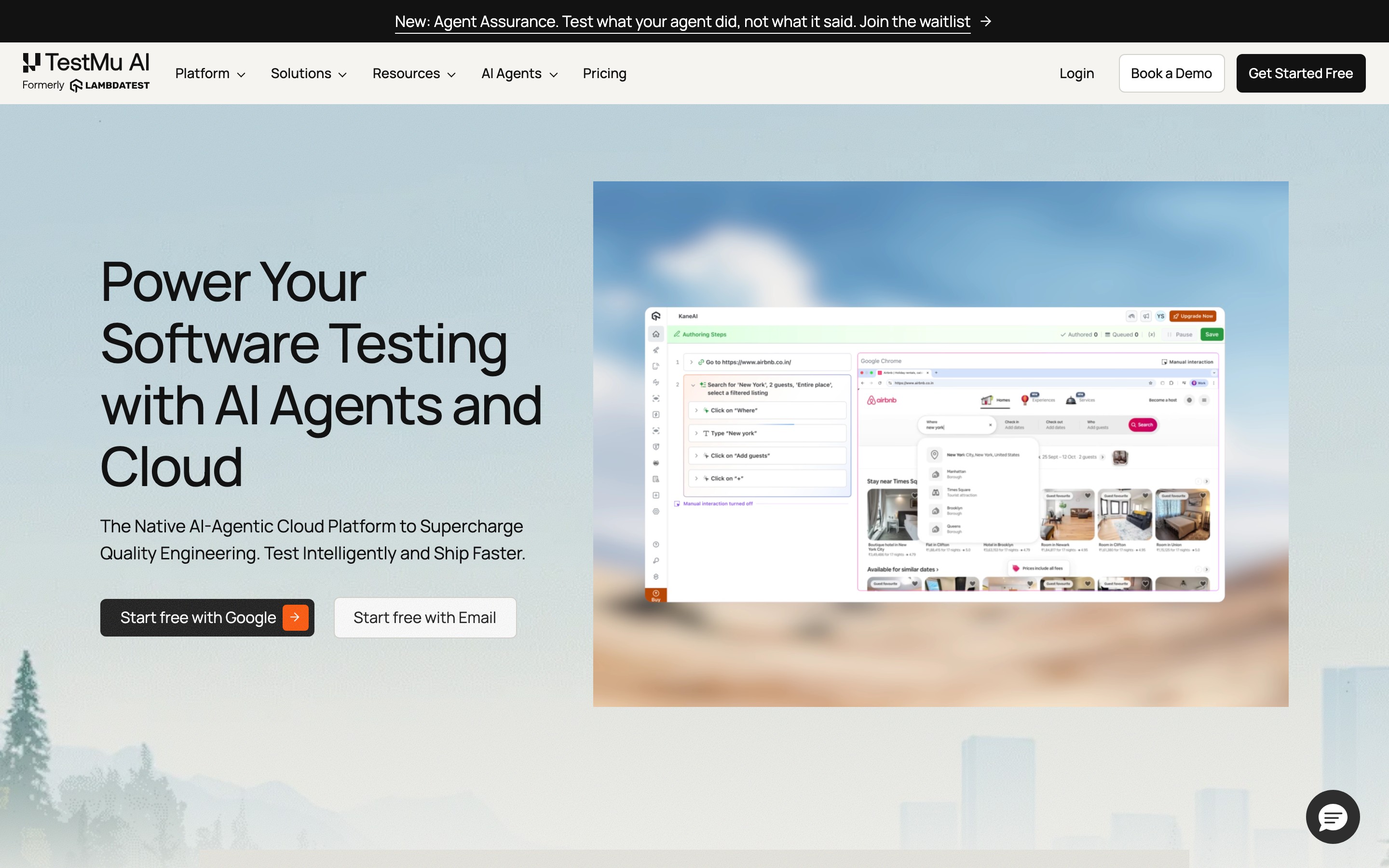 TestMu AI landing page — first screen