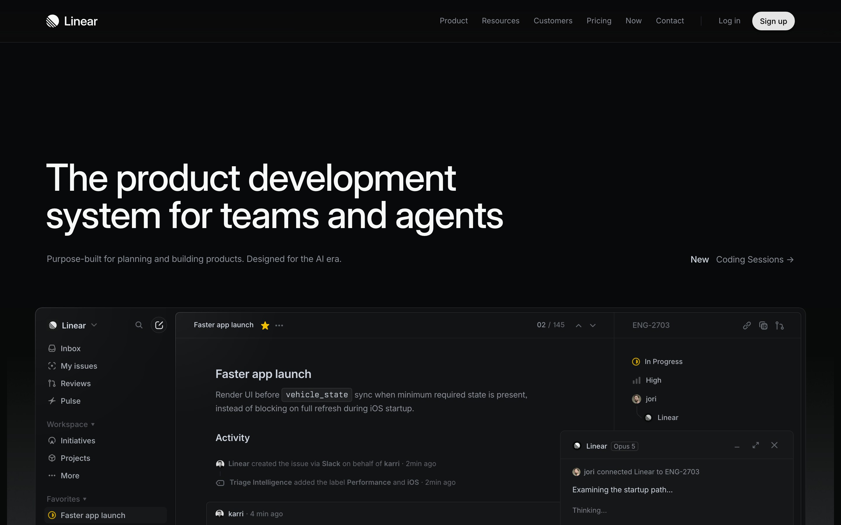 Linear landing page — first screen