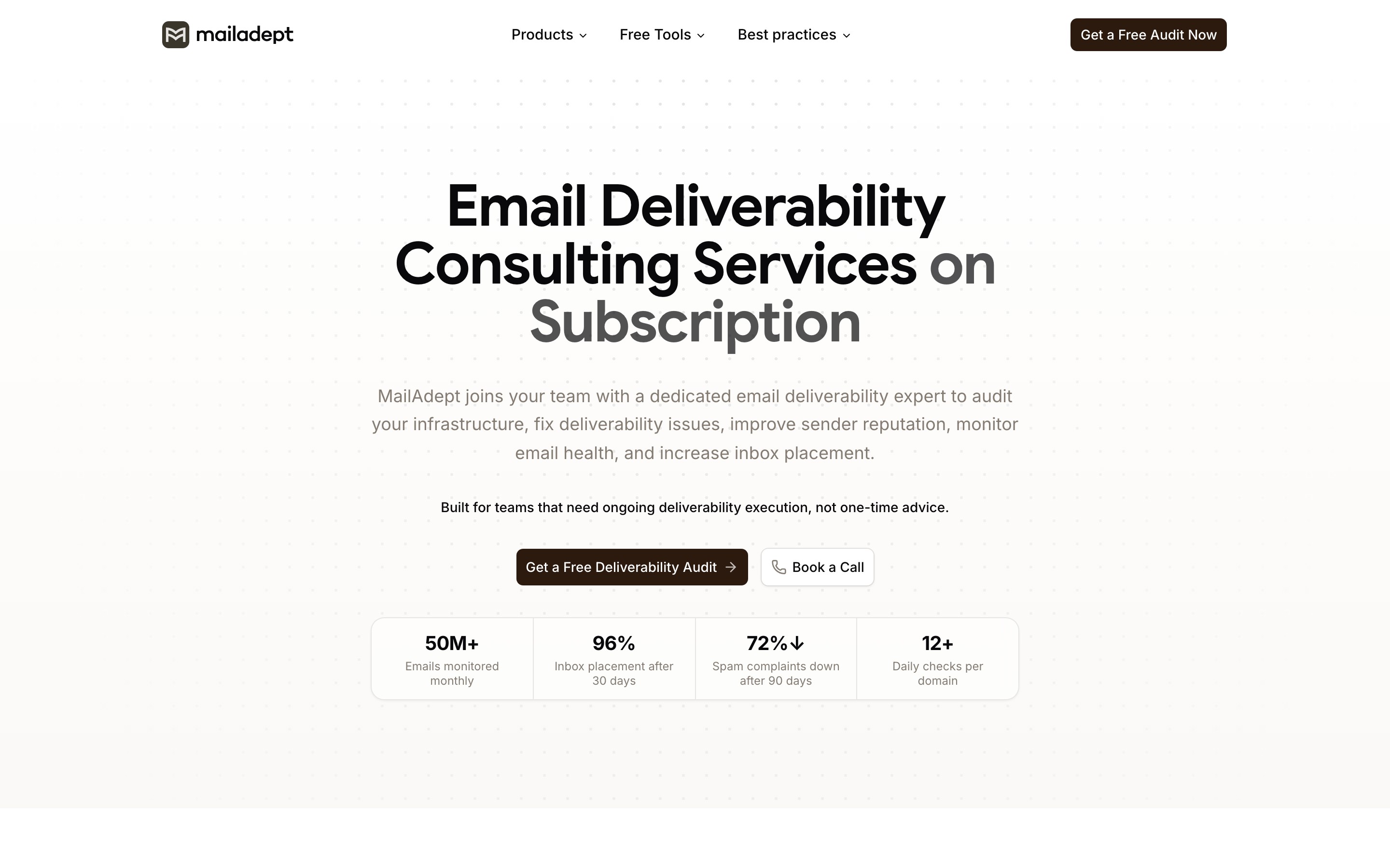 MailAdept landing page — first screen
