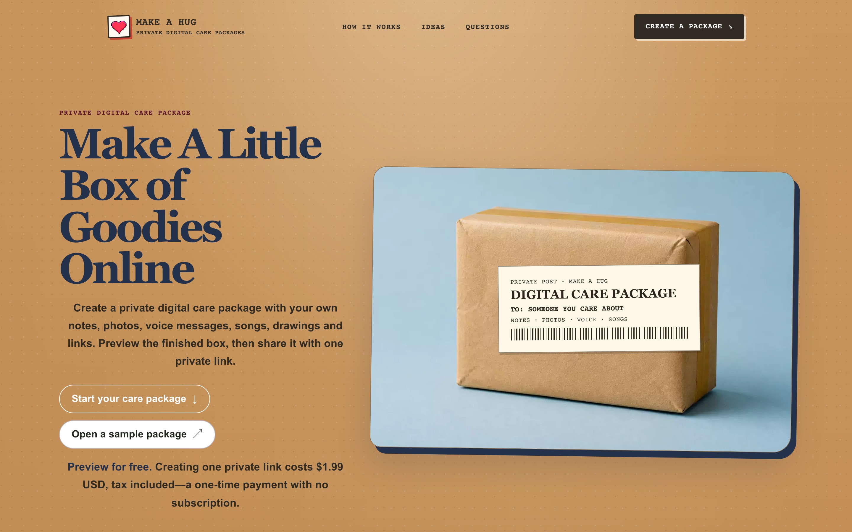 Make a Hug landing page — first screen
