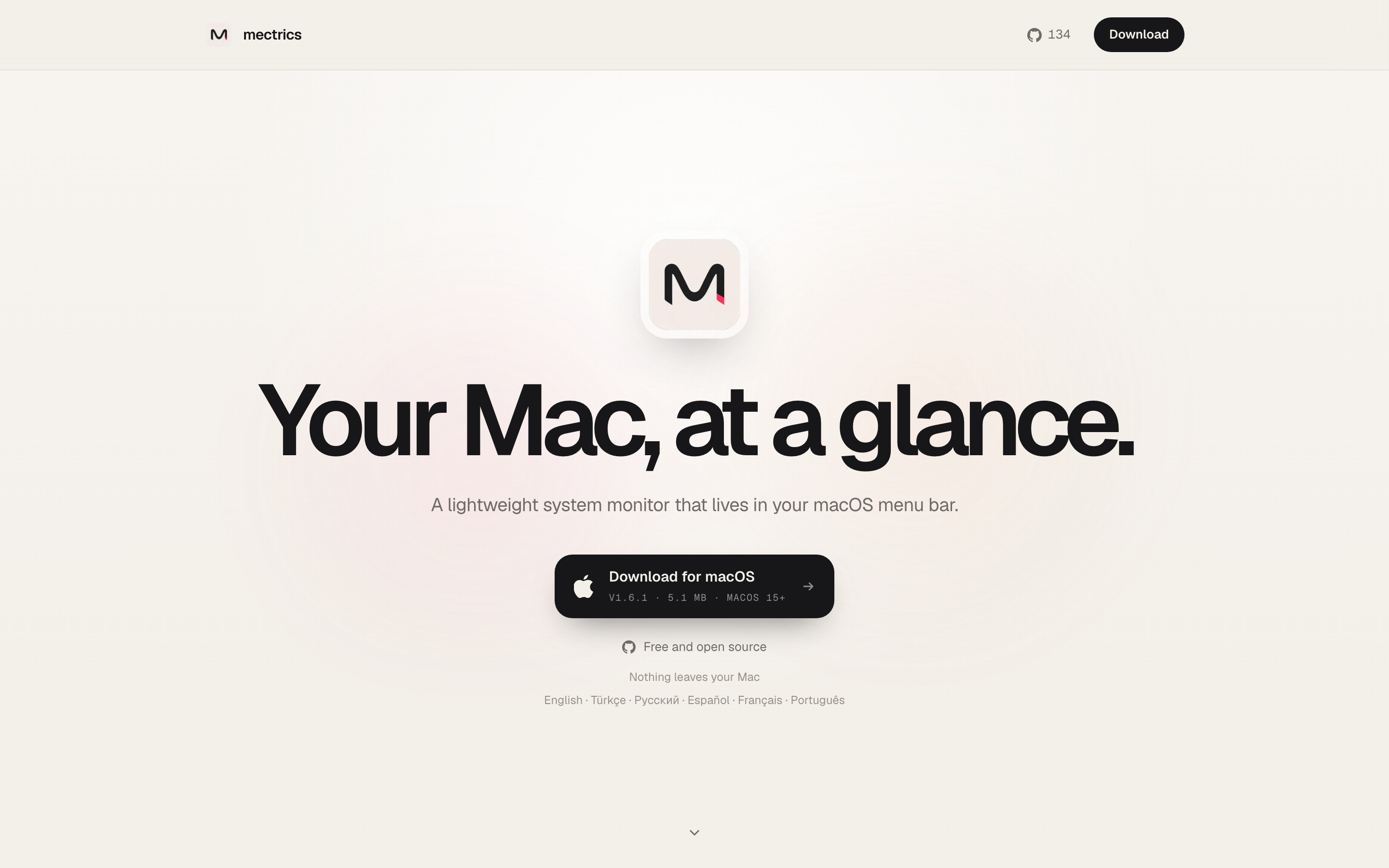 Mectrics landing page — first screen