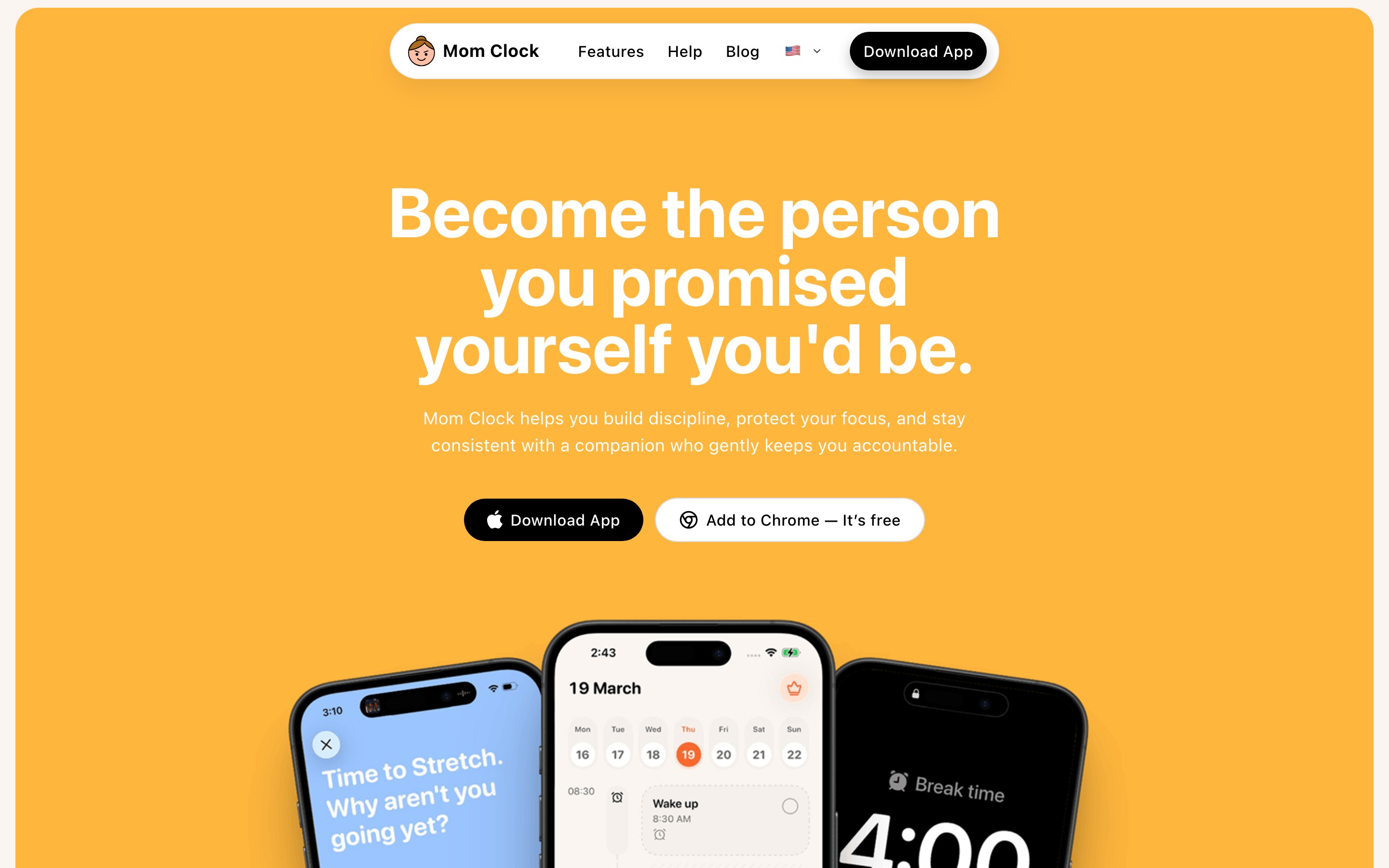 Mom Clock landing page — first screen