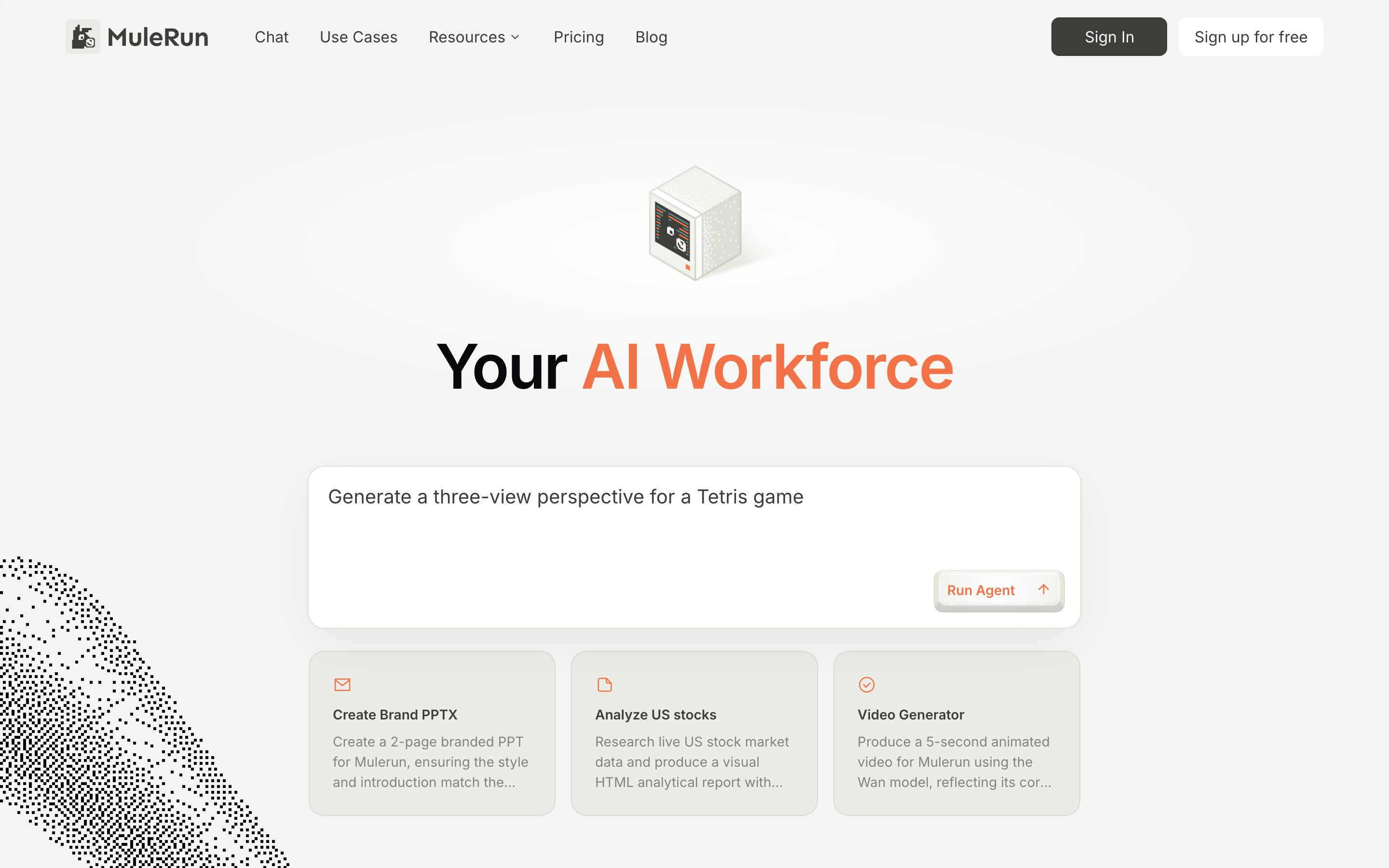 MuleRun landing page — first screen