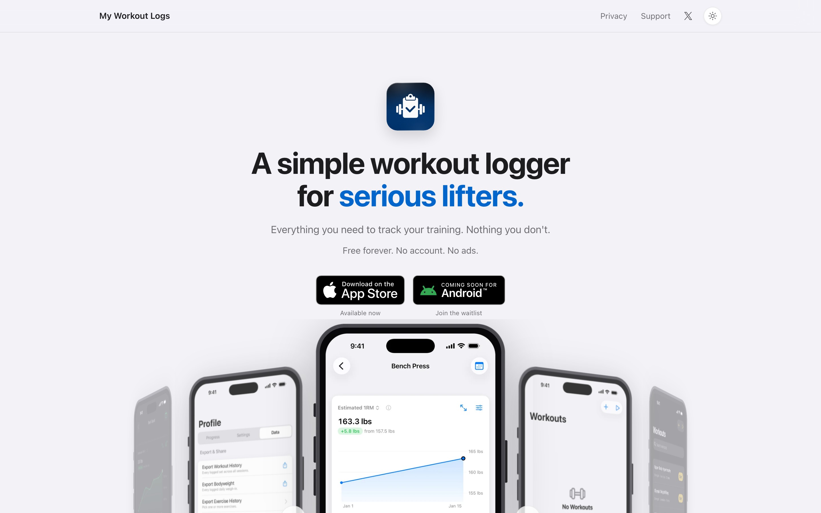 My Workout Logs landing page — first screen