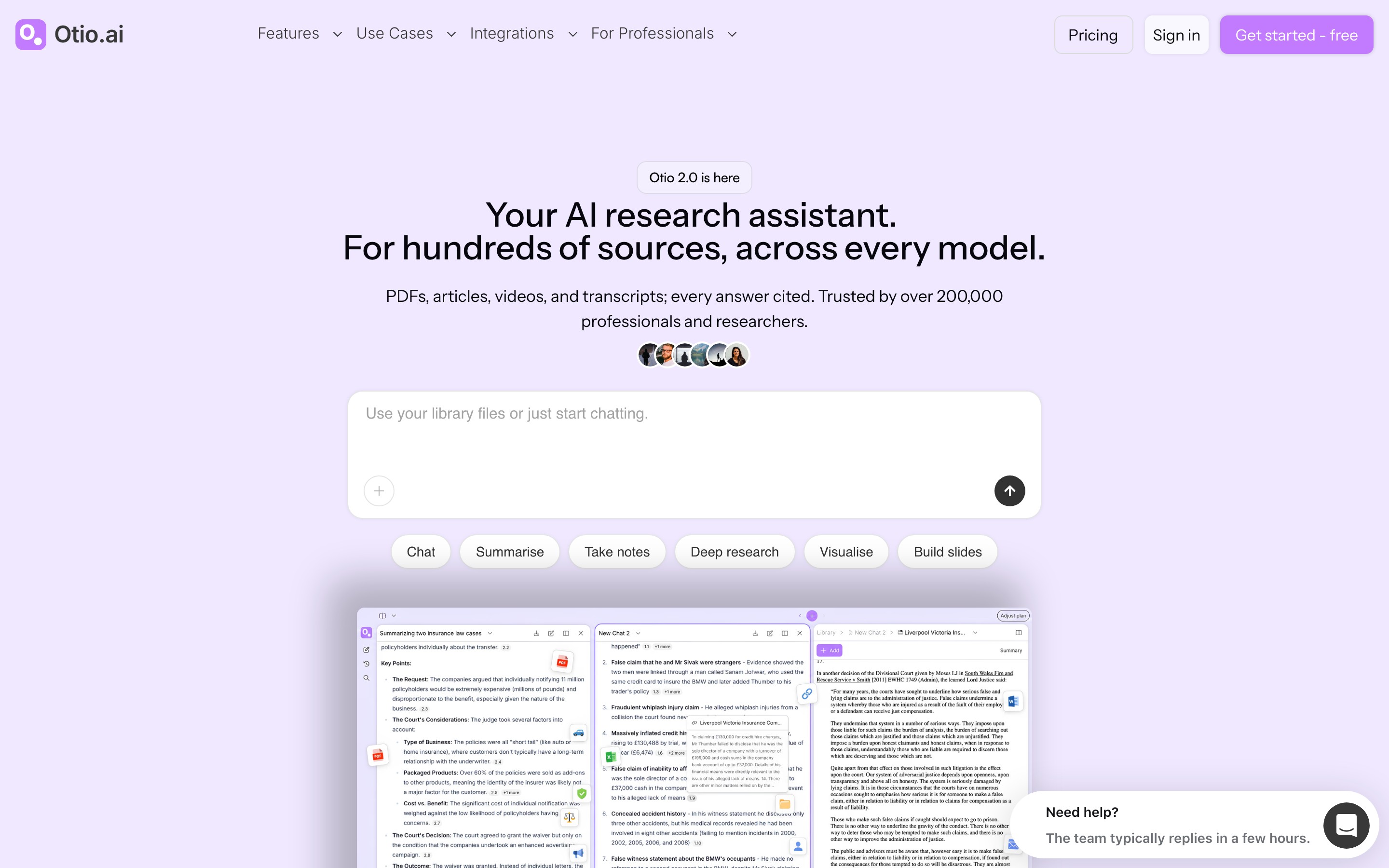 Otio: Your AI Research Assistant and Writing Partner for Smarter Research landing page — first screen