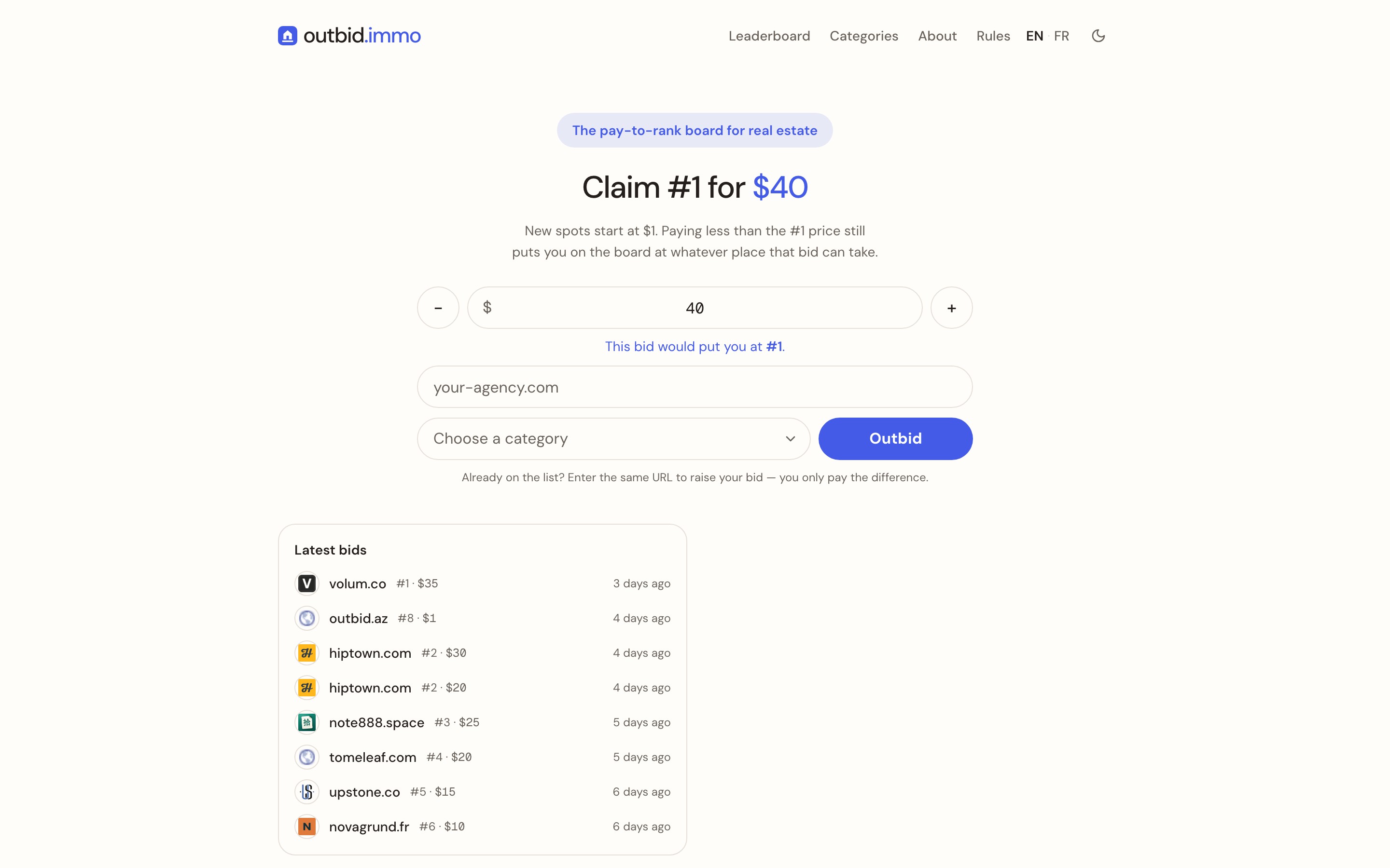 outbid.immo landing page — first screen