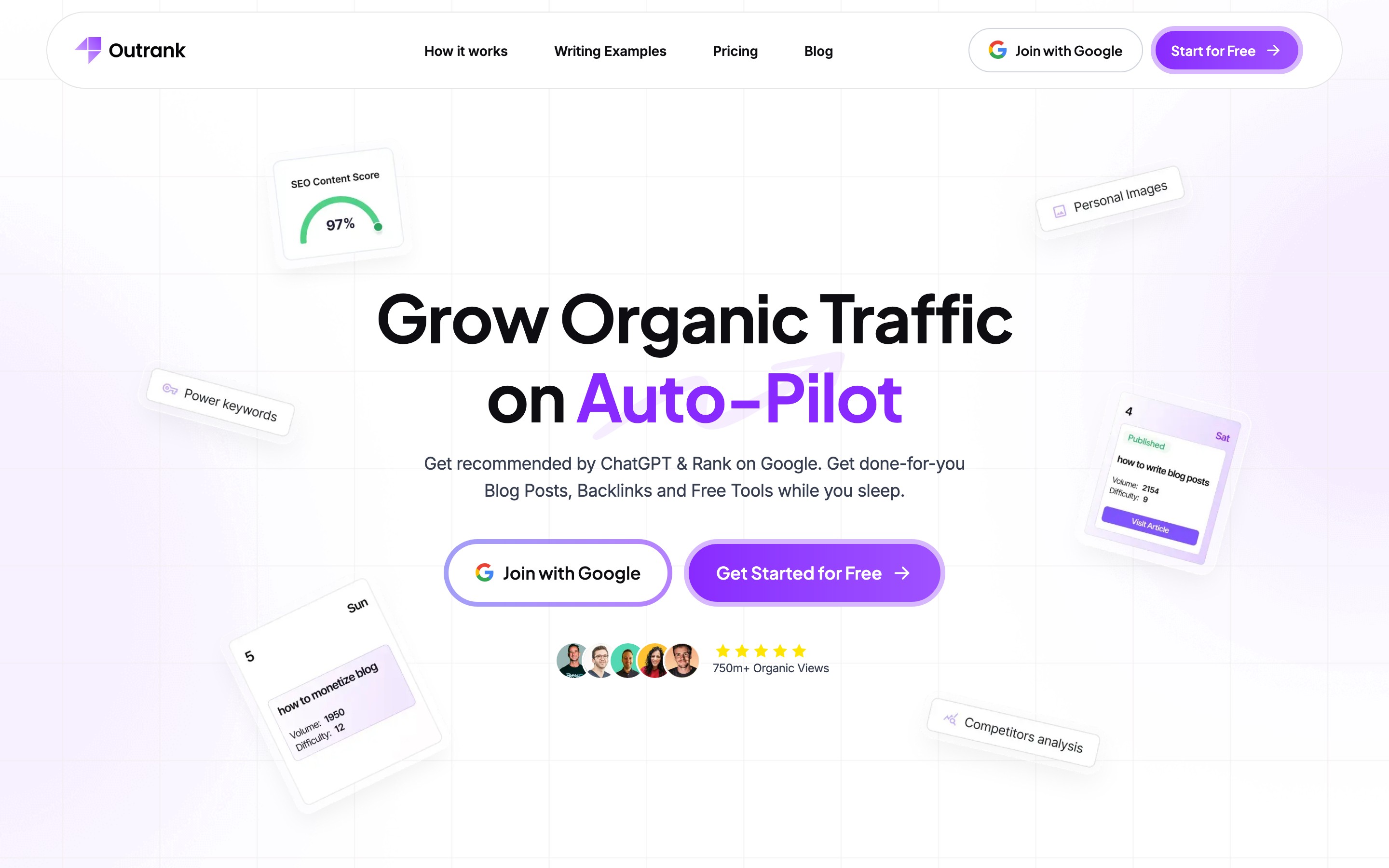 Outrank landing page — first screen