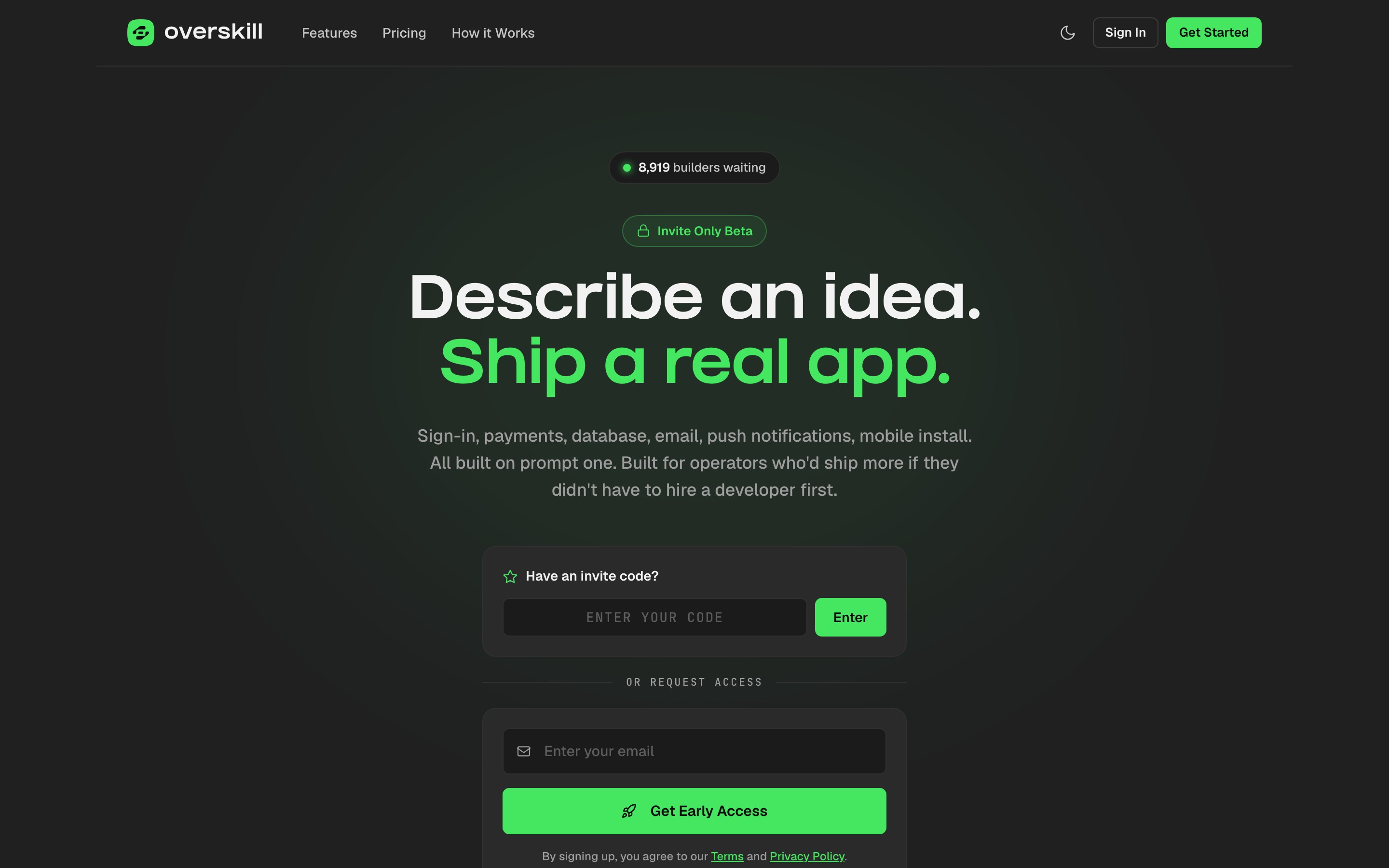 AI App Builder landing page — first screen
