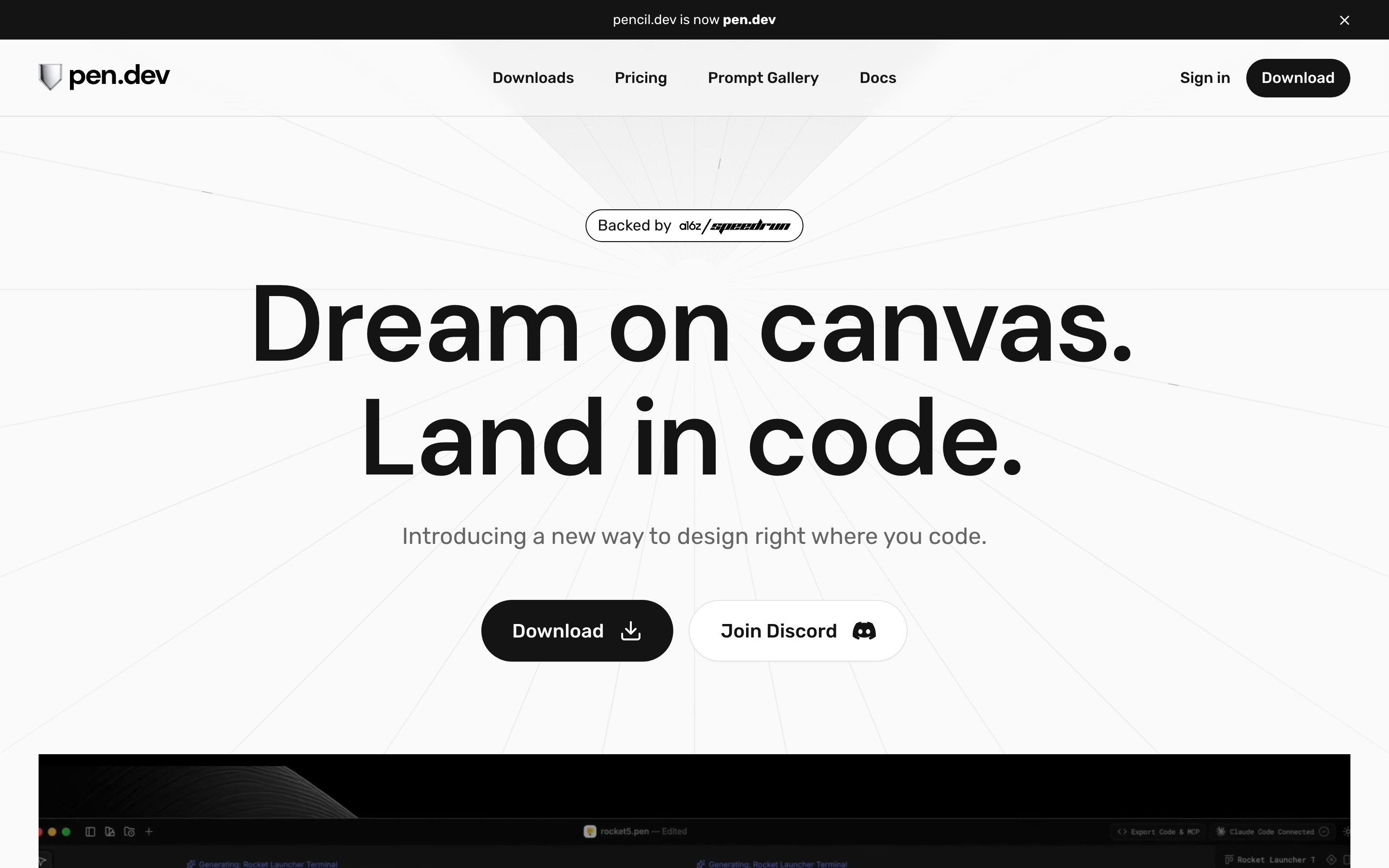 pen.dev landing page — first screen