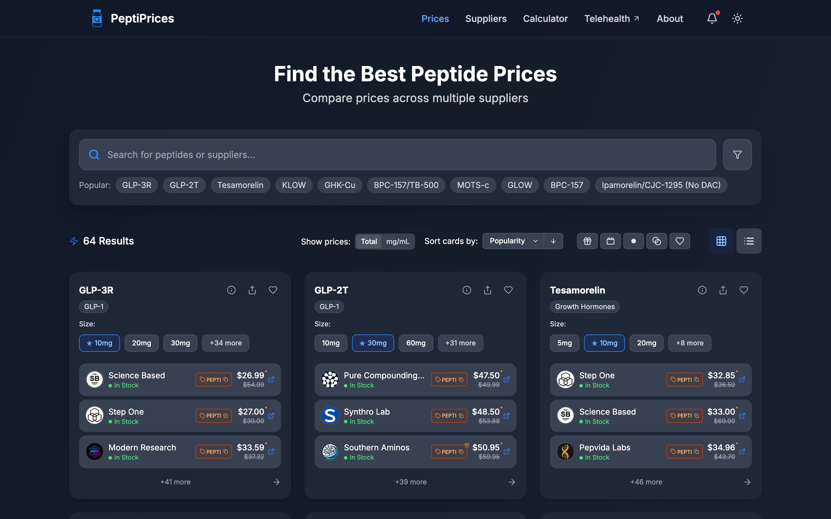 PeptiPrices landing page — first screen