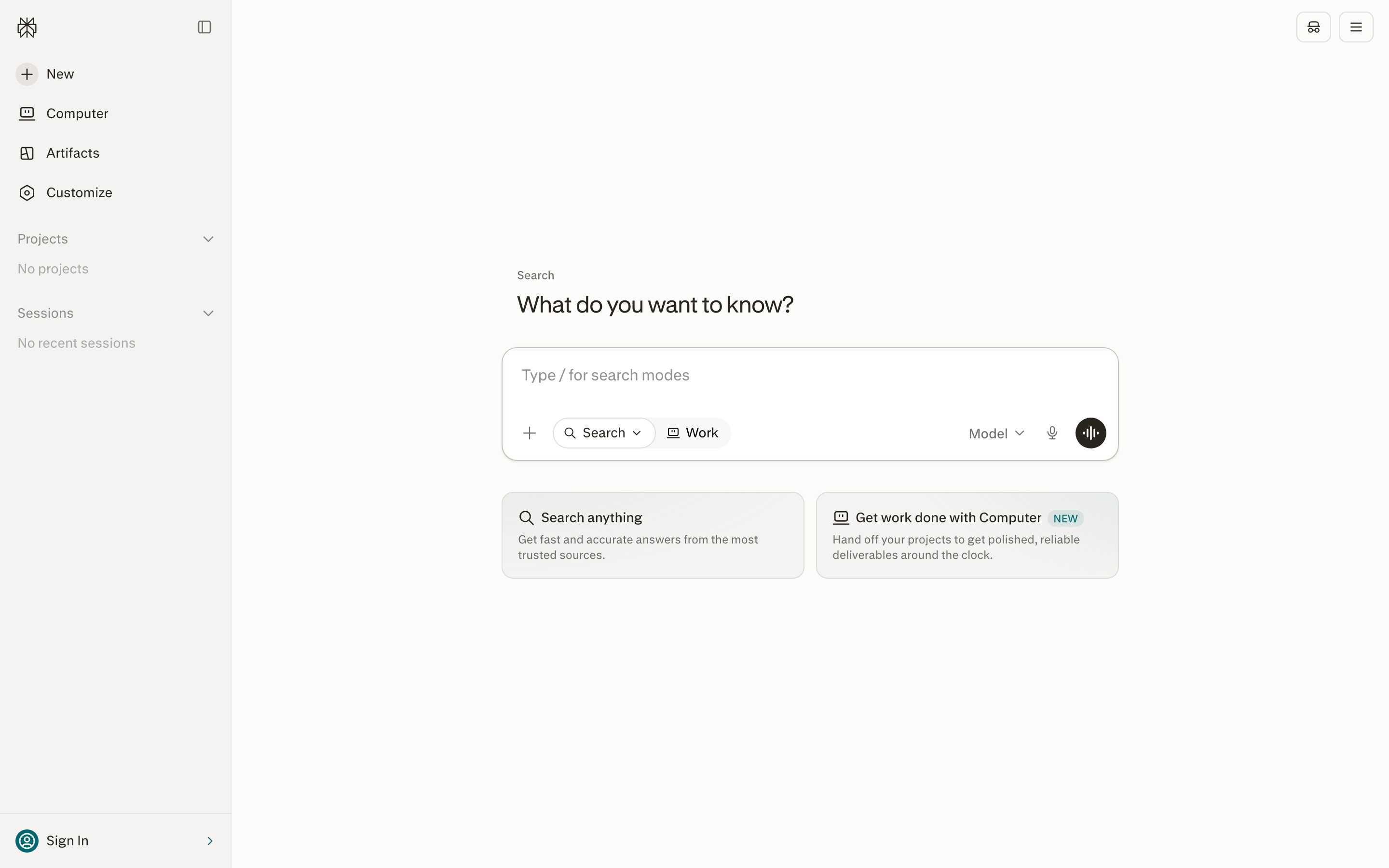 Perplexity landing page — first screen